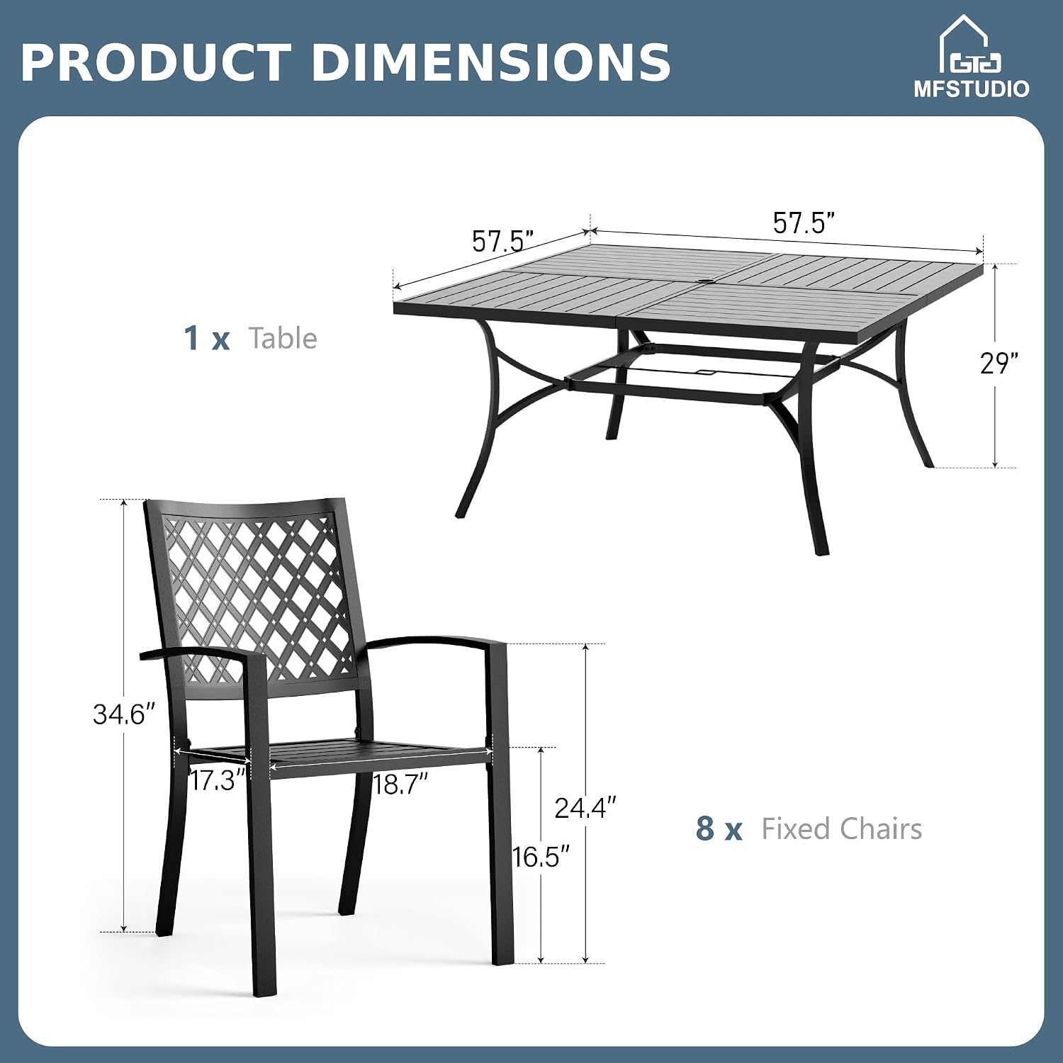 MFSTUDIO Outdoor Dining Set for 8, Metal Patio Table and Chairs Set, 9 Piece Patio Furniture Set, Patio Dining Set for Deck Backyard Poolside Garden