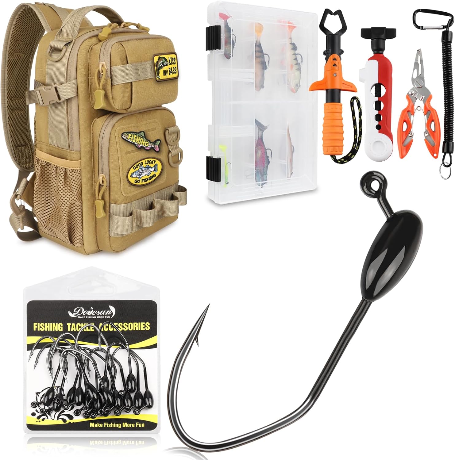 Dovesun 15pcs Tube Jig Heds, Sling Bag with Tool Set, Sling Tackle Bag & 3600 Tackle Box, Fishing Line Spooler, Fish Gripper, Pliers, Lanyard, 6pcs Random Lures Khaki