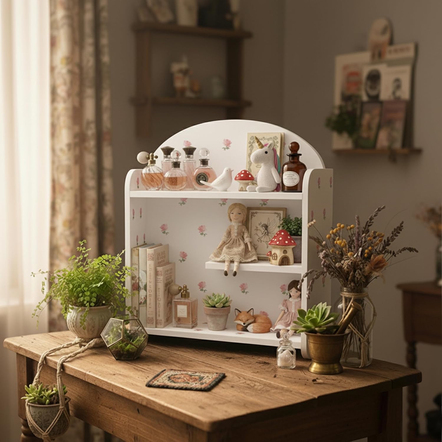 Bohemian Trinket Shelf, 3-Tier Wood Desktop Shelf Organizer, Pre-Assembled Tabletop Display Rack with Rose Flower Print, Aesthetic Storage for Office, Dorm, Vanity, White