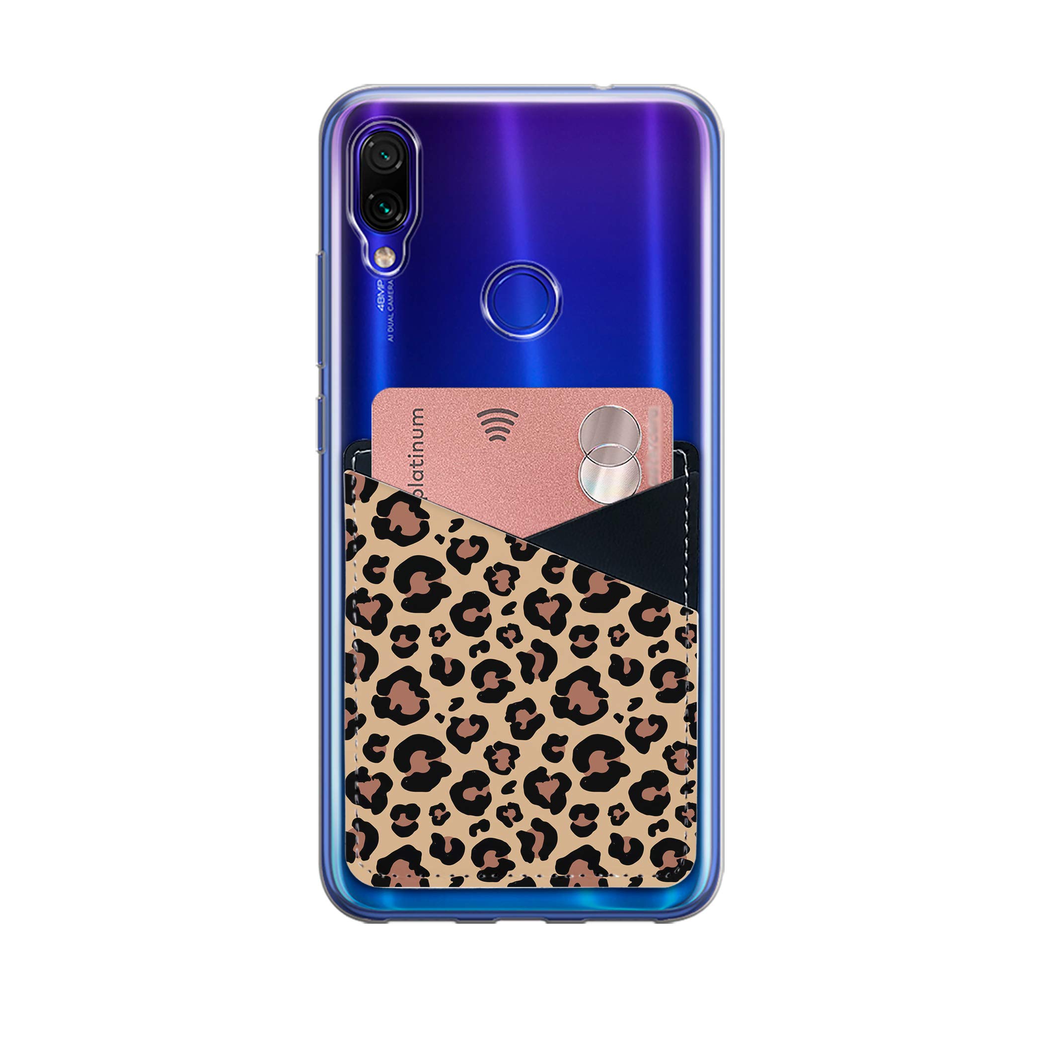 Card Holder for Back of Phone Stick on ID Cards Wallet PU Leather Sleeve Adhesive 3M Sticker Pouch for Samsung Galaxy iPhone and More Smartphones (Leopard Skin)