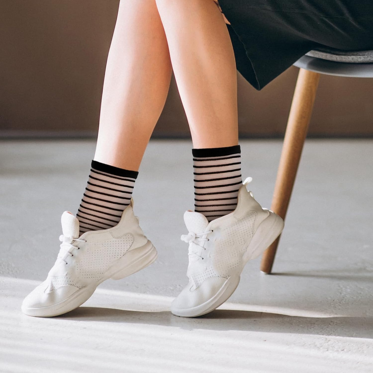 Lusofie 5Pairs Sheer Ankle Socks Black See Through Socks Striped Plaid Dot Cute Transparent Socks for Women Girls