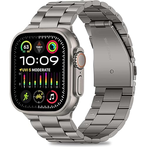 HITZEE Compatible with Apple Watch Ultra Band 49mm Business Stainless Steel Metal Strap Men Women Link Bands Compatible for Apple Watch Ultra 3/2/1, 49mm Titanium