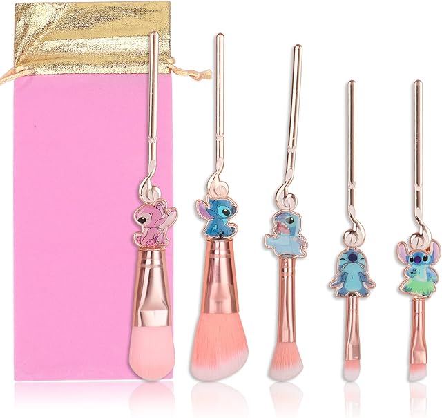 Stitch Eyeshado Face Powder Makeup Brush with Storage Bag, 5Pcs Stitch Makeup Brush Set ,Stitch Theme Cosmetic Brushes for Powder Eyeshadow Blushes Lip, Kawaii Stitch Gifts for Girl Women