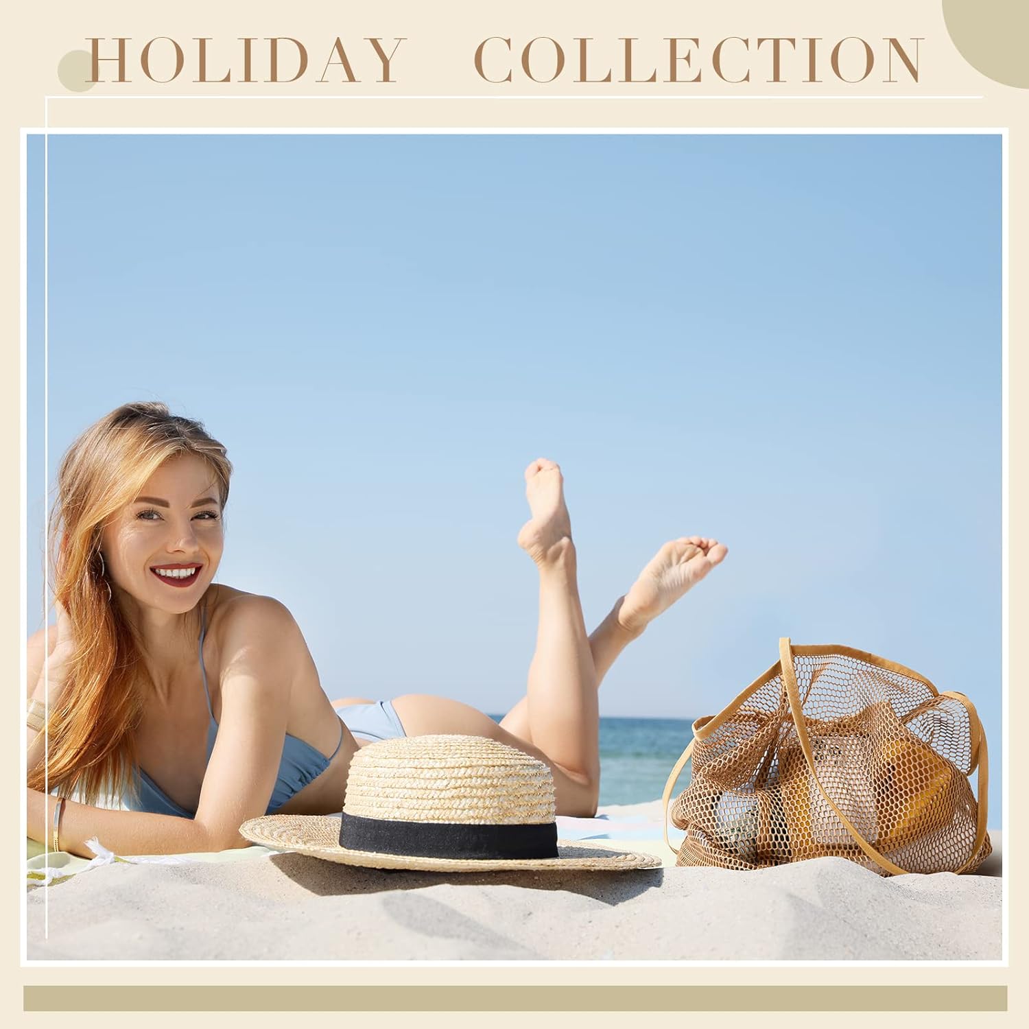 Hillban 3 Pcs Mesh Beach Tote Bag Women with Pocket Foldable Beach Bag Tote Shoulder Handbag Khaki Mesh Tote Bag for Picnic Vacation Pool Trip, 15.55 x 13.78 x 6.69 Inch