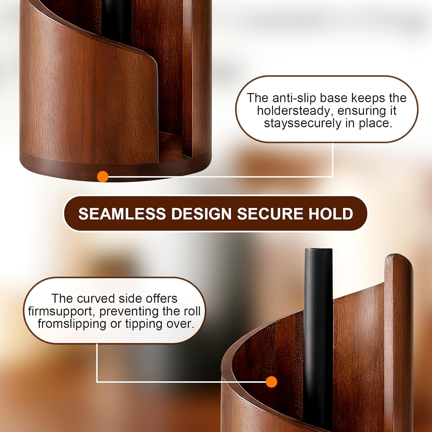 Stylish Mountain Paper Towel Holder with Mango Wood Base & Sturdy Iron Holders - Effortless One-Hand Tear for Jumbo & Mega Rolls - Perfect for Kitchen & Living Room Countertops