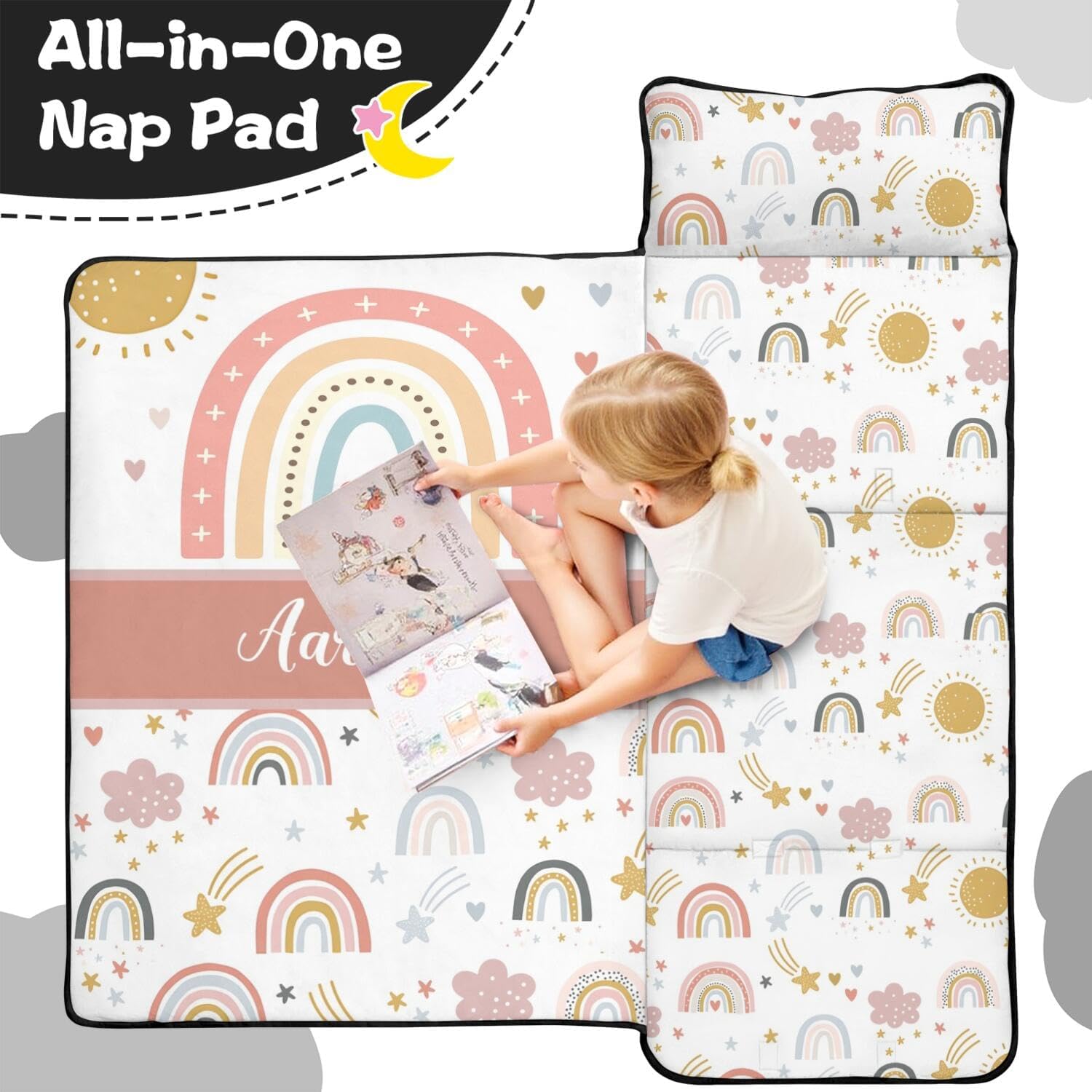 Personalized Toddler Nap Mat with Name for Kids – Custom Rainbow Sleeping Bag with Pillow & Blanket for Girls – Ideal Slumber Bags for Daycare, Preschool & Kindergarten