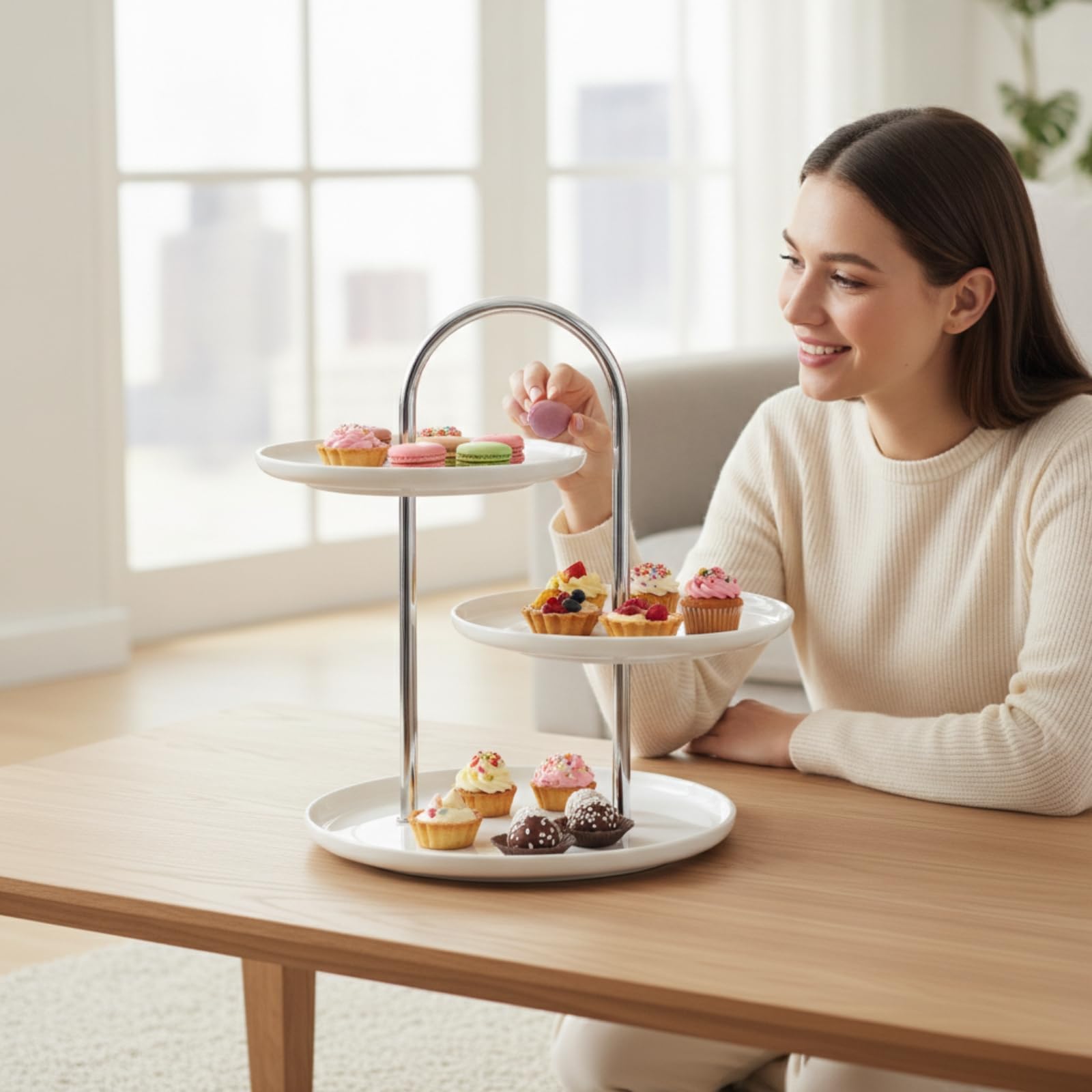 Etagere Dessertständer Kuchenständer, Reinweiß, Dreistöckig, Silberner Ständer