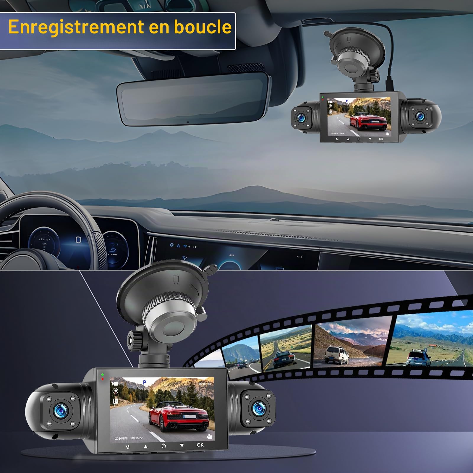 Hikity 3" IPS Screen 360° Four Camera avec DVR Fonction pour Autoradio Android, Dascham de Voiture avec Enregistrement en Boucle, capteur G, Vision Nocturne, détection de Mouvement