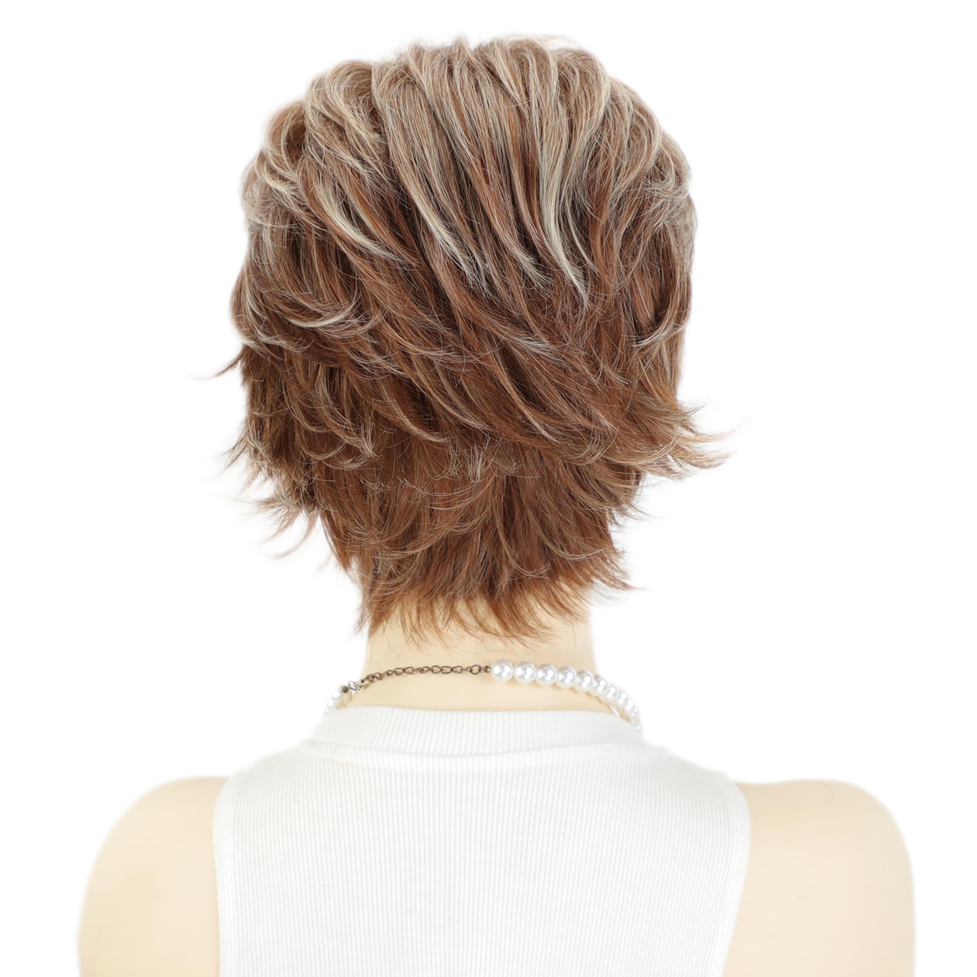 XIUFAXIRUSI XIUFAXIRUSI Short Brown Curly Wigs with Blonde Highlight Brown Pixie cut Wavy Wigs for White Women Layered Synthetic Full Wigs for Daily Party