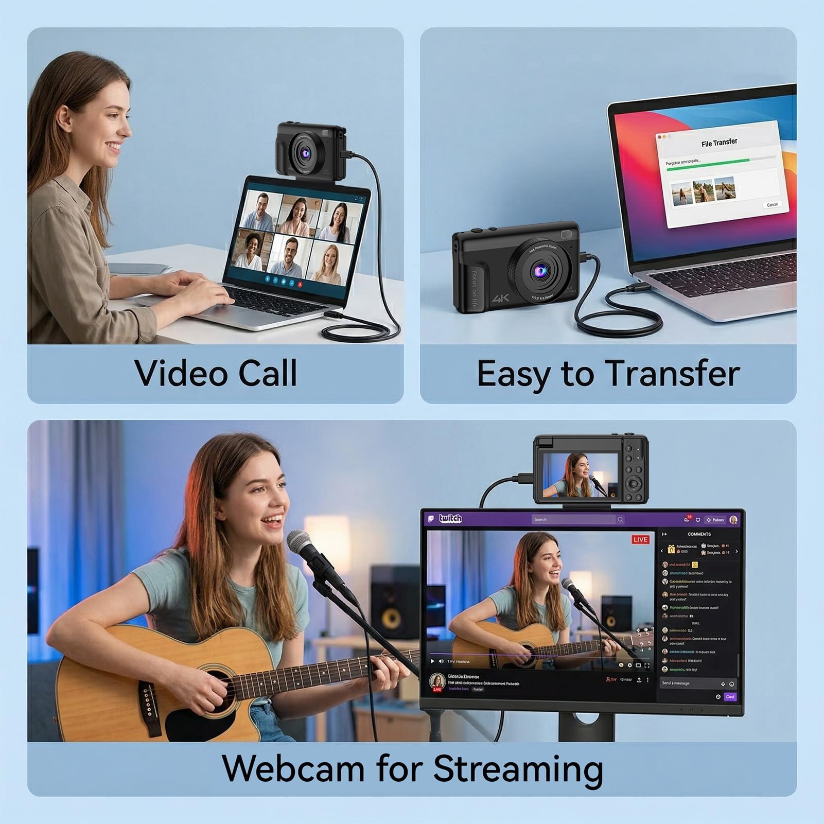 Cámara digital 4K para fotografía, cámara de vlogging de 64 MP para YouTube con pantalla abatible y antivibración, cámara de video de enfoque automático UHD con zoom digital de 16X con tarjeta SD de