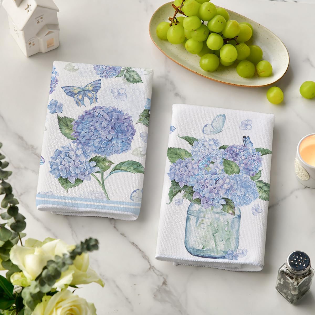 Artoid Mode Hydrangea Vase Butterfly Spring Dish Towels 18 x26 Inch 2 pcs and Table Runner 13x72 Inch