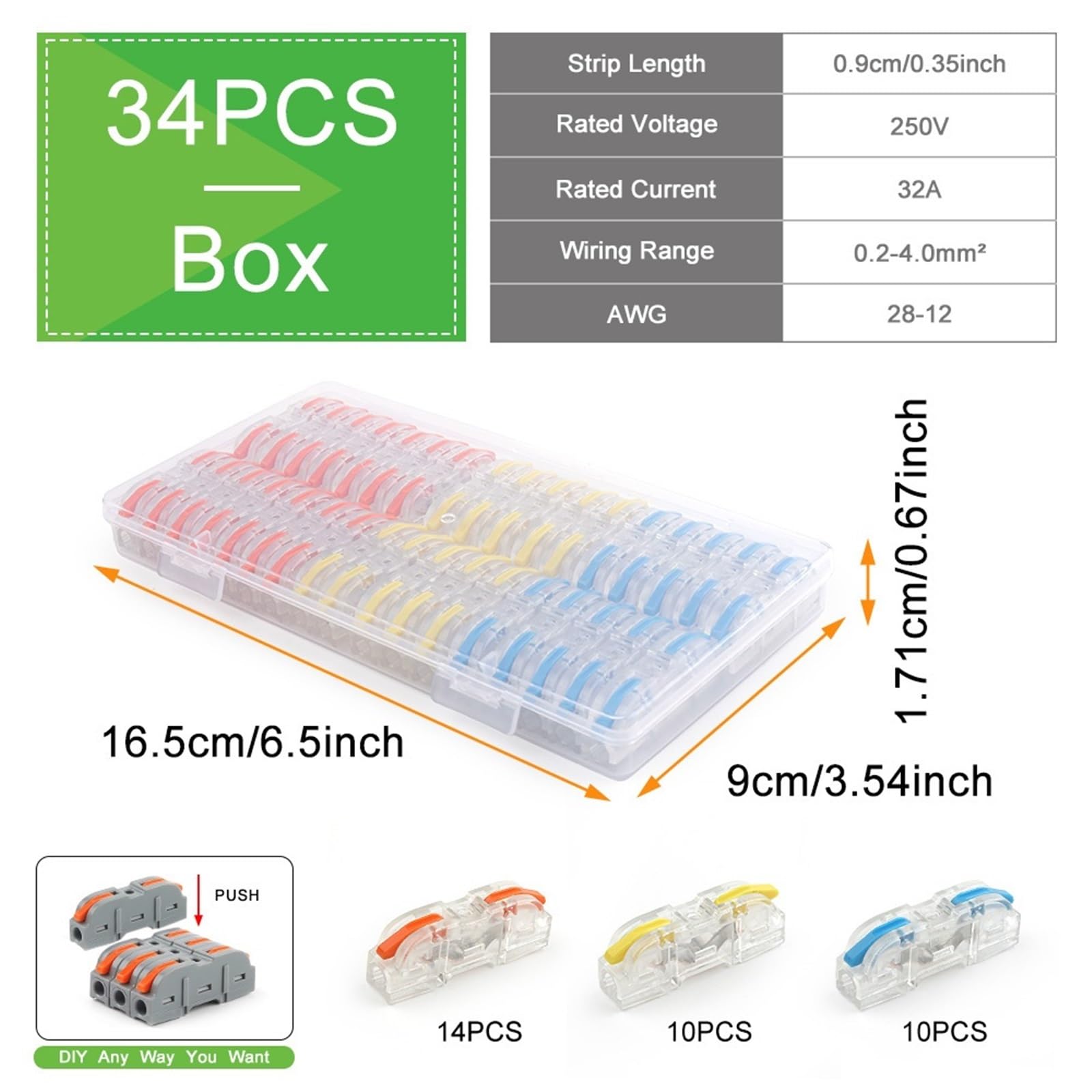 DIY GO 34PCS Connettori a leva da 1 a 1, terminali di giunzione elettrici in linea 28-12 AWG(34PCS T-OBLY)
