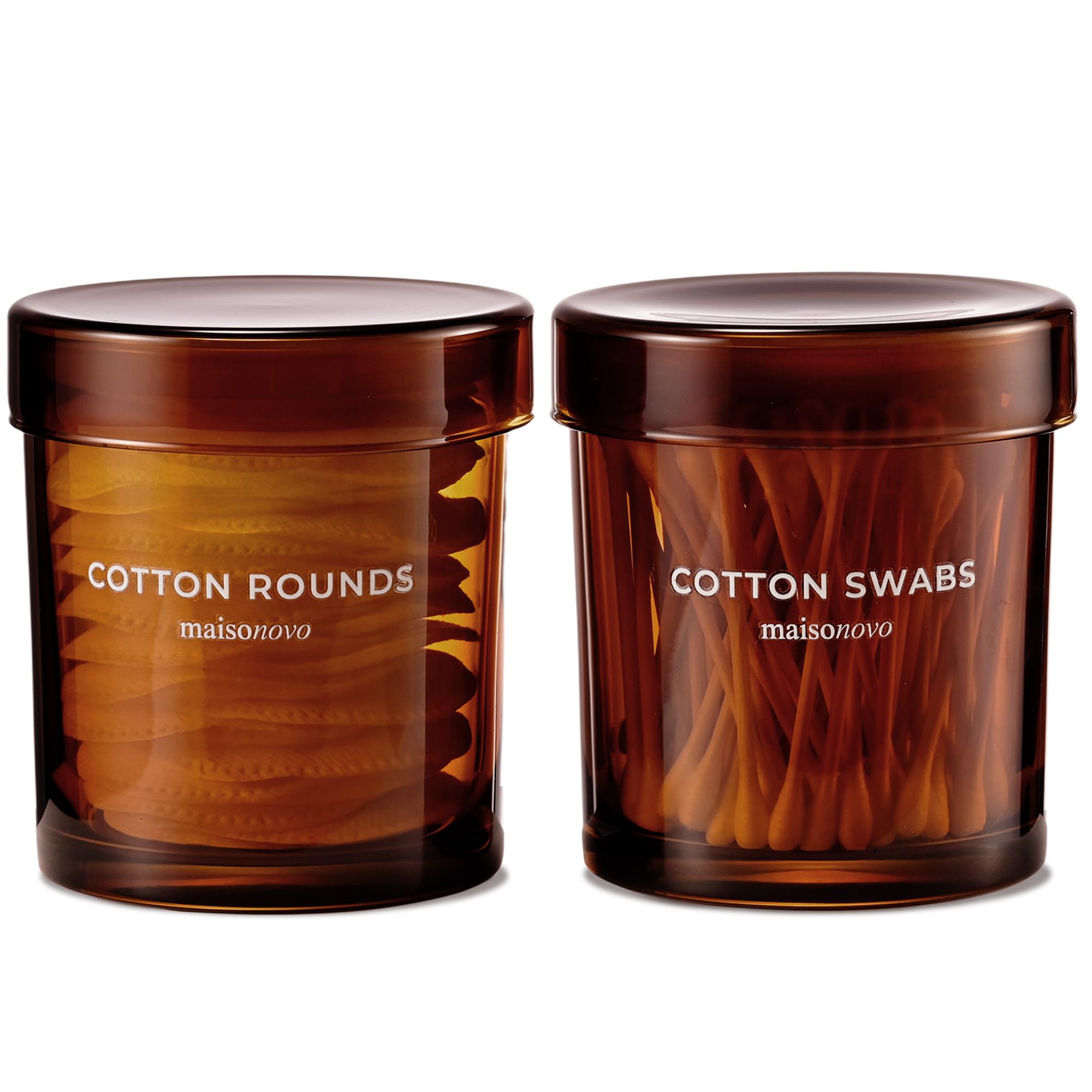 MaisoNovo Cotton Bud Holder Set - Airtight 375 ml Glass Cotton Pad Holder for Q-Tips, Cotton Rounds, Cotton Balls, Floss Picks, Hair Ties with Free Labels Pack - 2 x Amber Jars with Glass Lids
