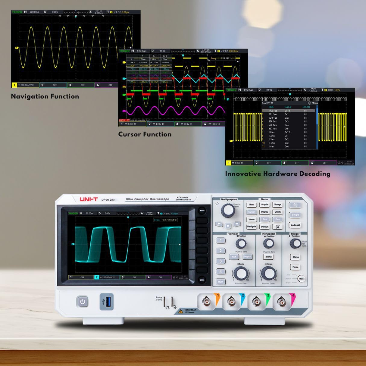 UNI-T UPO1204 DSO Ultra Phosphor Digital Oscilloscope 200MHz 4 Channels 2 GSa/s 56 Mpts Memory Depth 500,000 wfm/s 7 Inch Display Fast Acquire 1 Mpts FFT Points