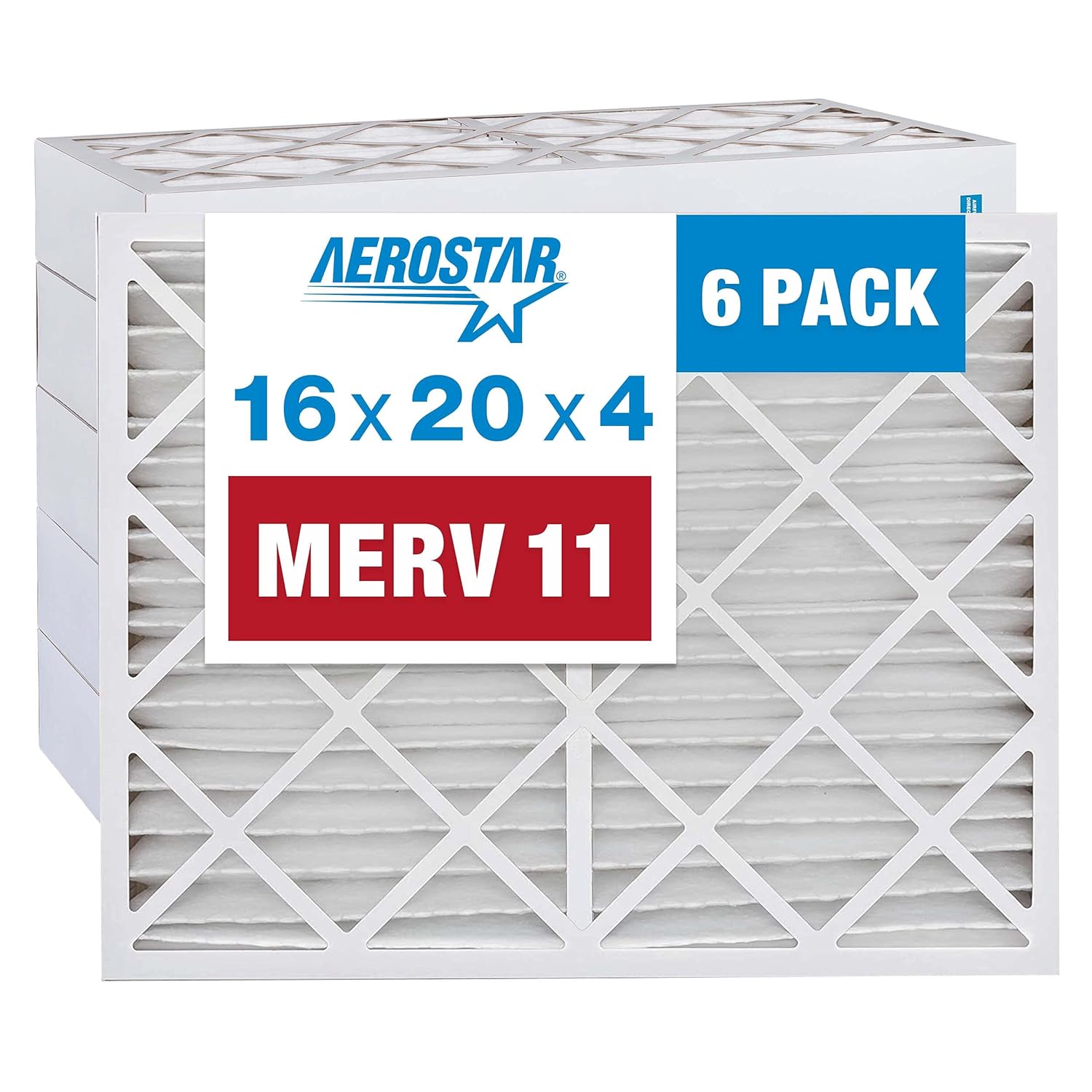 Aerostar 16x20x4 MERV 11 - 6 Count - Pleated HVAC, Furnace & Air Conditioner Filters - Removes Dust, Cold & Flu Germs, Lint, Mold, Pet Dander, Allergy-Causing Pollen, Smog & Smoke