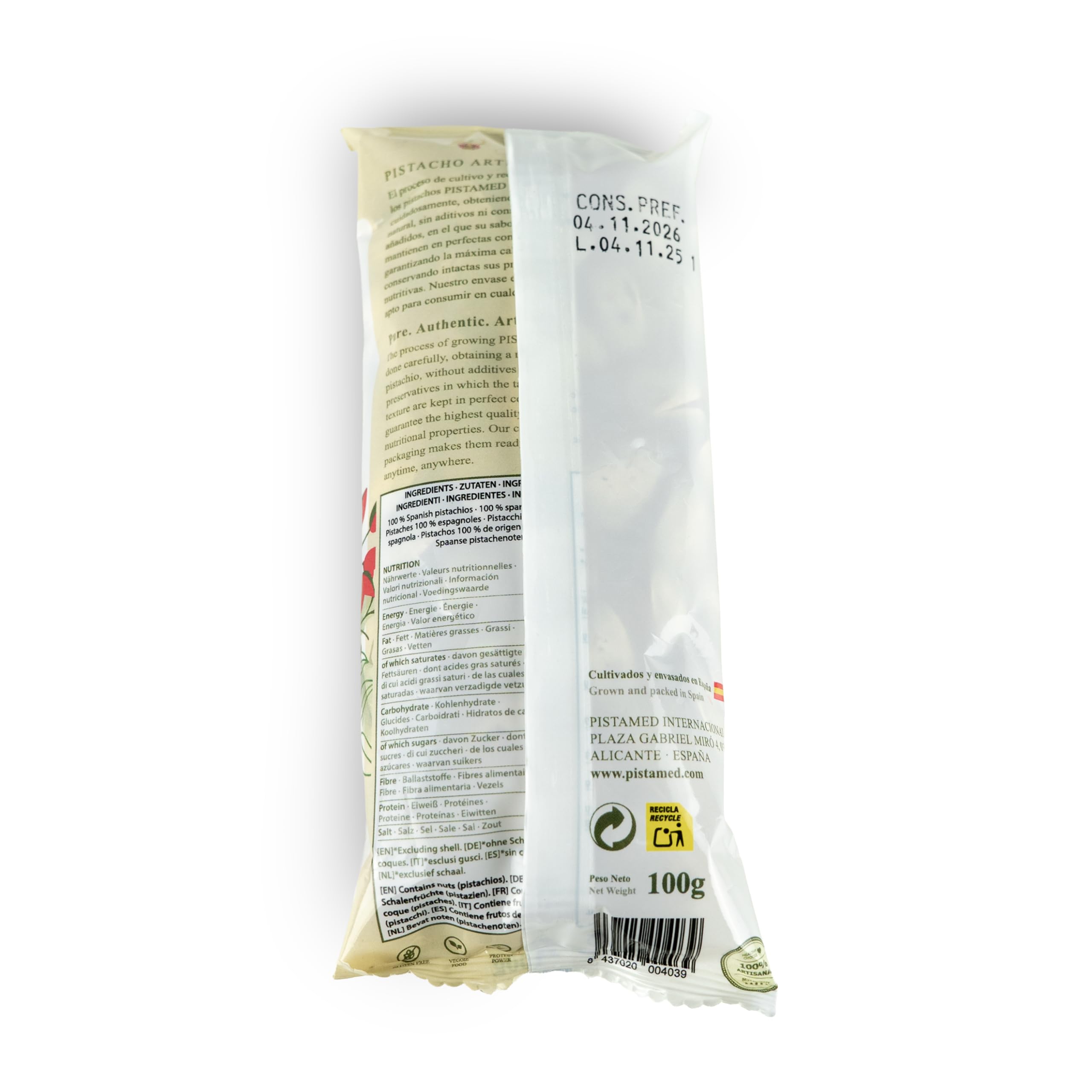 PISTAMED - Pistachos con Cáscara Sin Sal Tostados Artesanalmente - Alto Contenido en Fibra - Apto Veganos y Sin Gluten - Pack 10 x 100 g Formato Individual - Origen España - Snack Natural