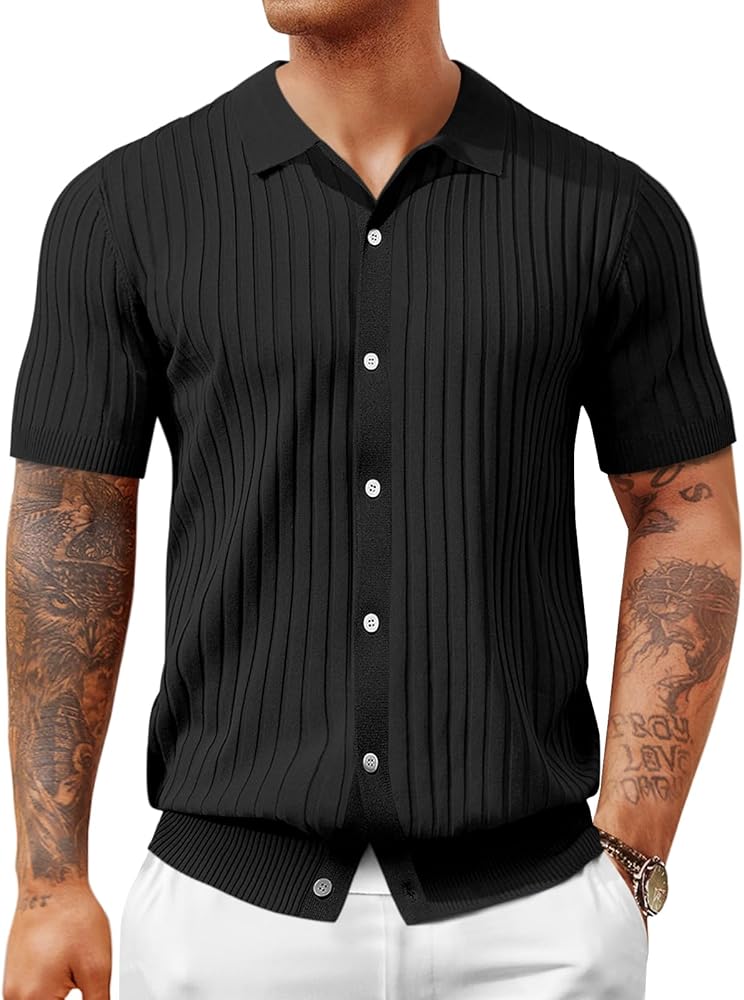 Amazon.com: Mens Knit Polo Shirt Short Sleeve Button Down