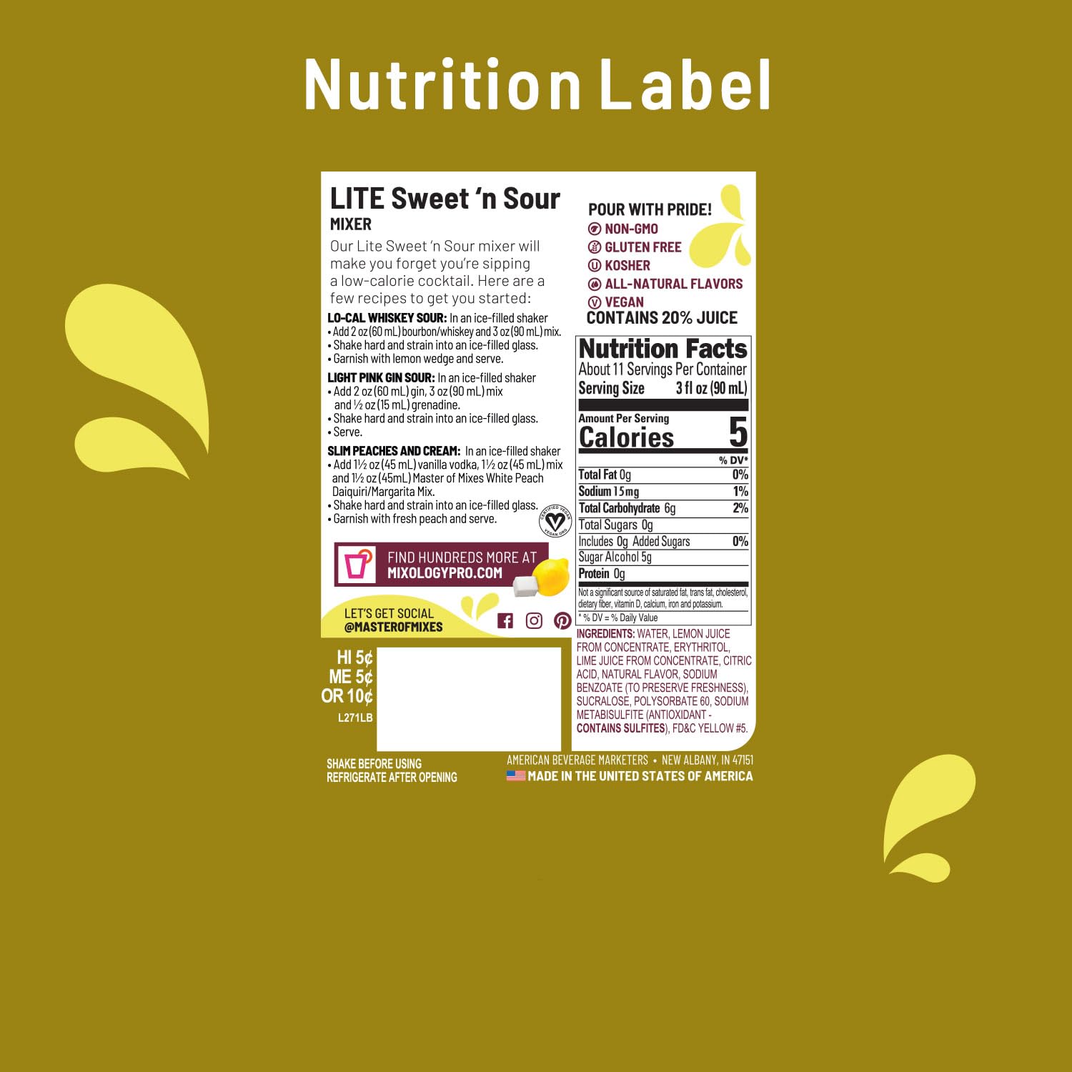 Master of Mixes Sweet N' Sour Lite Drink Mix, Ready To Use, 1 Liter Bottle (33.8 Fl Oz), Pack of 6