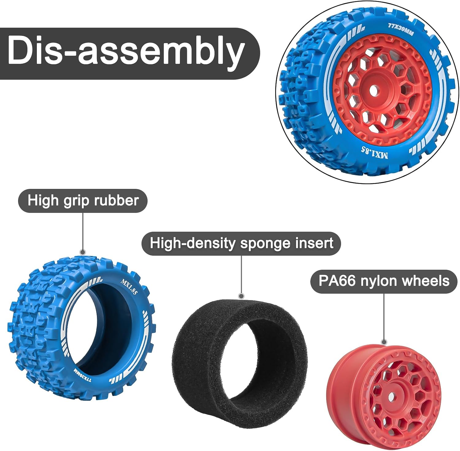 LRFHL RC Tires and Wheels Pre-glued Compatible with Arrma Typhon Grom Granite 1/18 1/14 RC Car Tires Wheels Upgrade (4PCS)