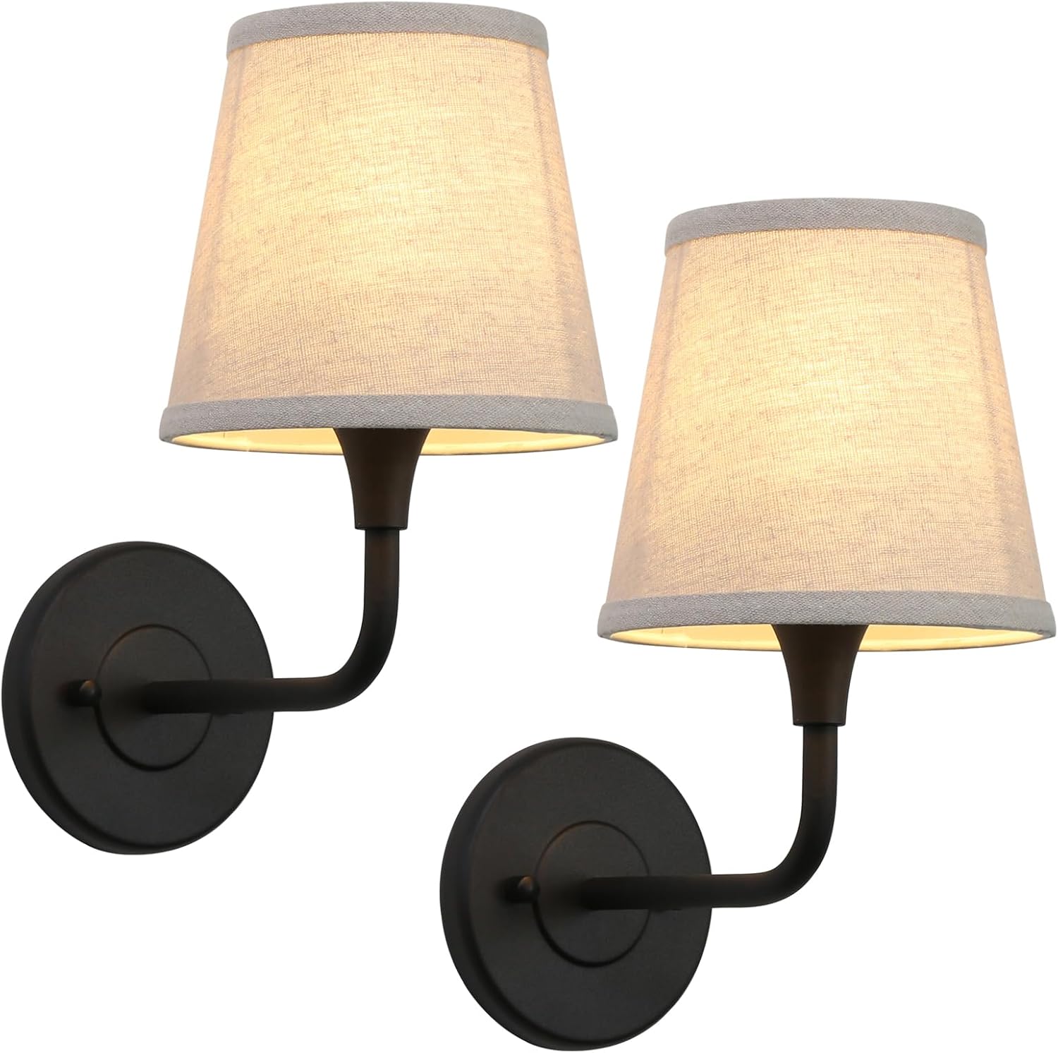 Phansthy Hardwired Brass Boho Wall Sconces Set of 2, Vintage Industrial Wall Lamps, Vanity Sconces Wall Lighting with Natural Fabric Shade for Bathroom Bedroom Living Room (Black + Linen Shade)