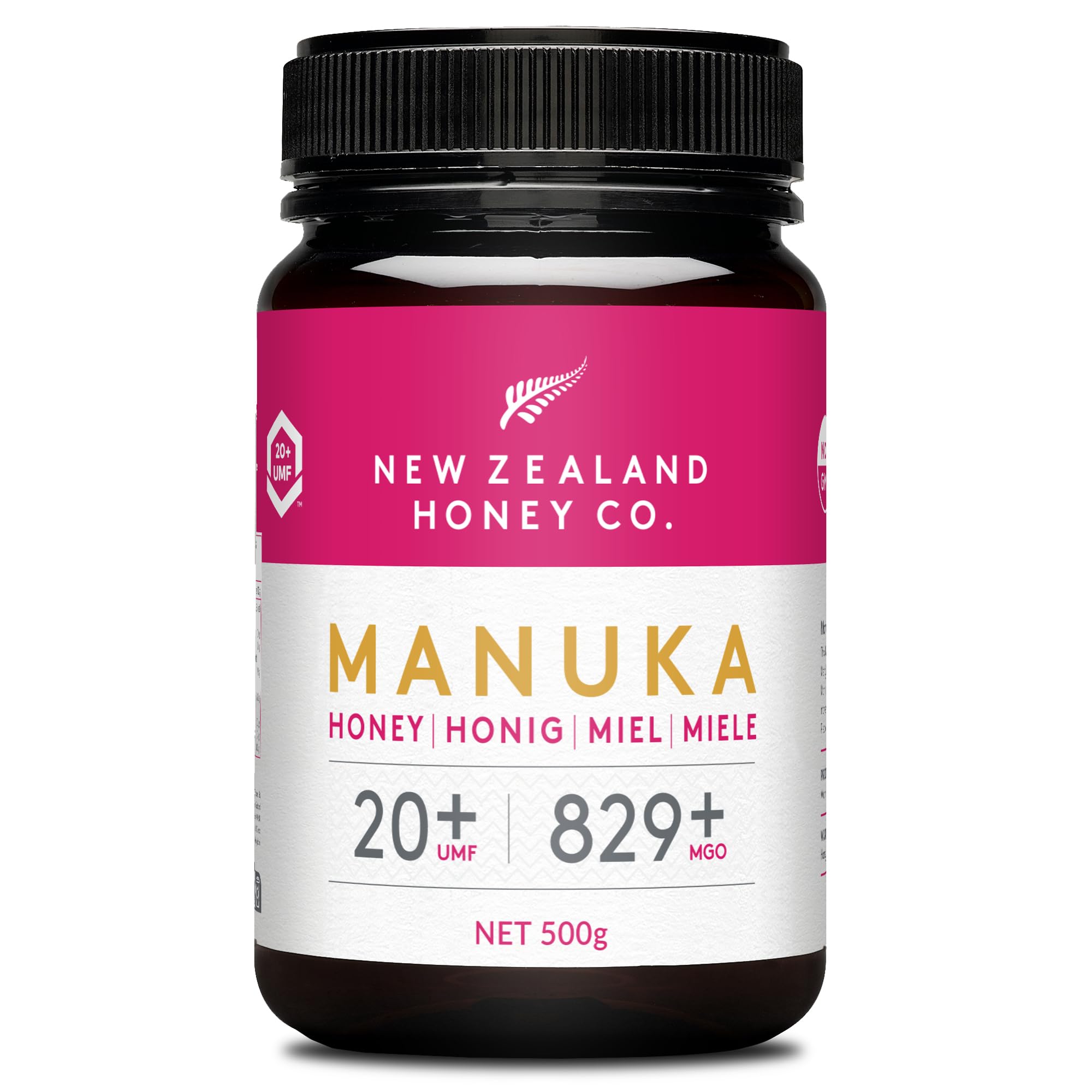 New Zealand Honey Co. Miel de Manuka MGO 829+ / UMF 20+ - 500g Tamaño Familiar - Origen Nueva Zelanda con Enzimas y Pólenes Naturales - Miel Monofloral Certificada UMF