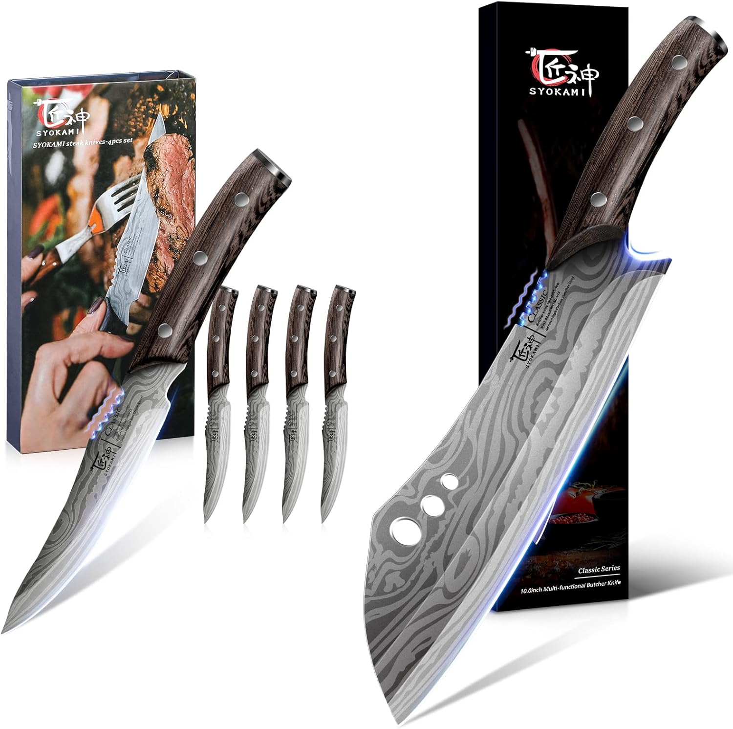 Butcher Knife 10 Inch, Japanese Style+Steak Knives Set of 4