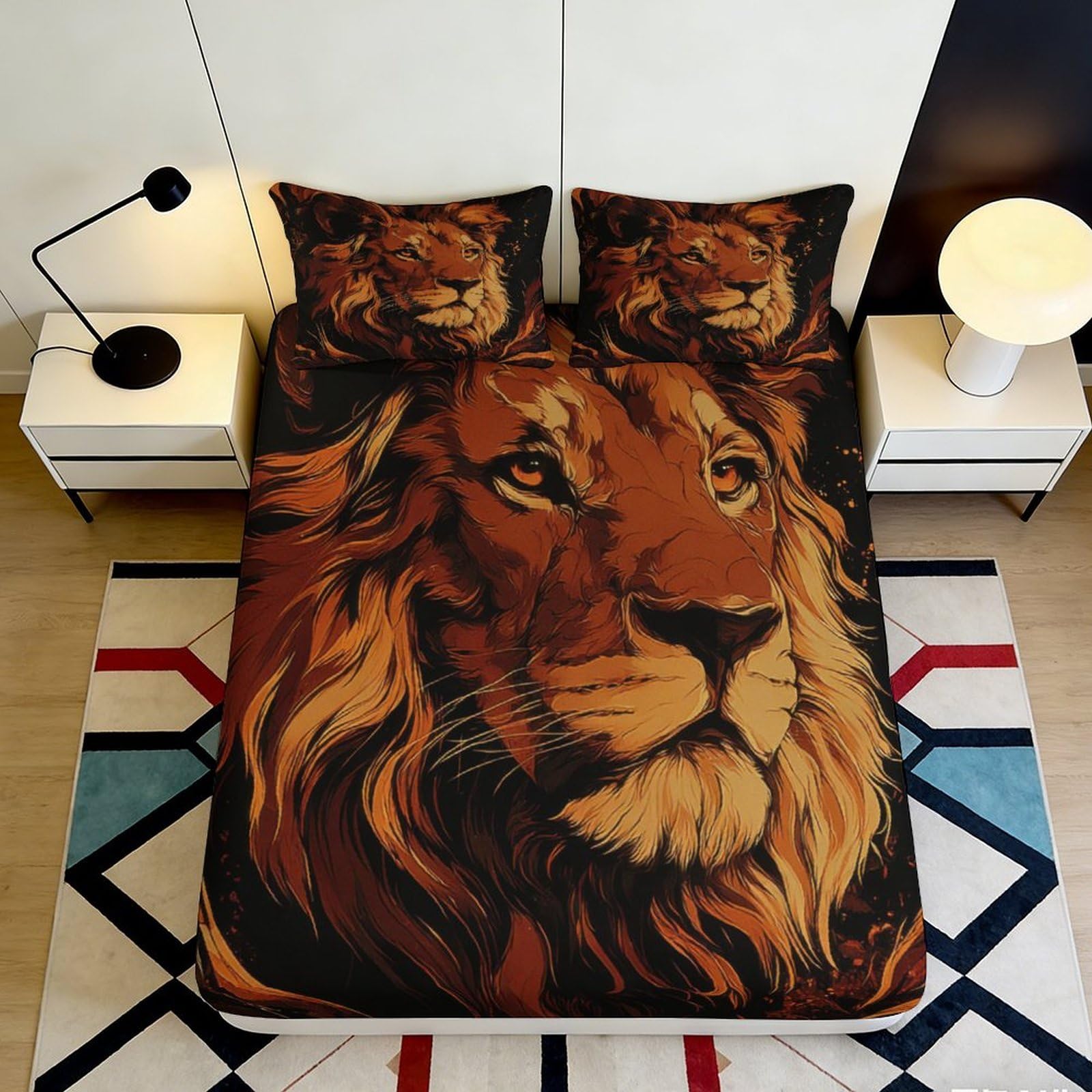 3D Printed Lion Majesty Fitted Sheet Microfiber Soft Brown Mane Jungle King Mattress Cover for Bedroom Dorm Decor 90x200x25cm
