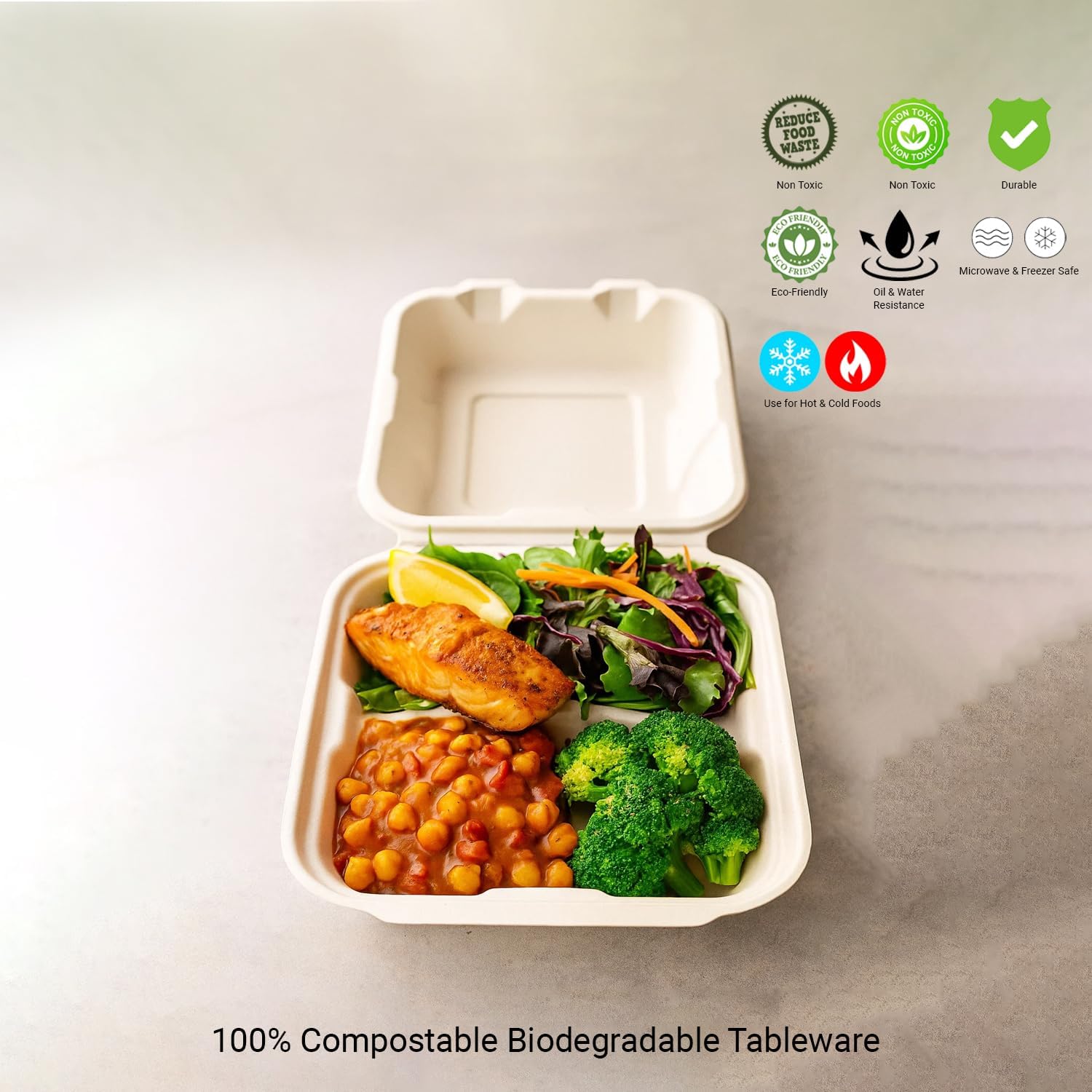 9 x 9 Biodegradable Clamshell Containers [100 Pack] – Eco-Friendly Compostable Take-Out Boxes | Heavy-Duty Sugarcane Fiber | Microwave & Freezer Safe | Ideal for Burgers, Snacks, Salads & Meals.