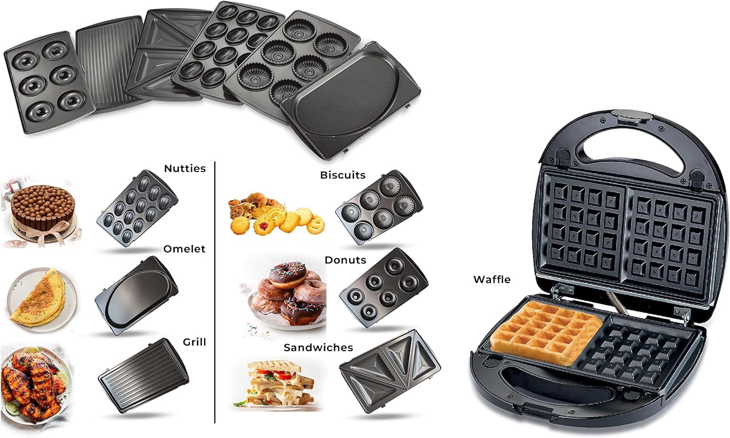 RADIOTRONICS 7-in-1 Multi Snack Maker - Detachable Sandwich, Grill, Donut, Waffle, Cupcake, Nutty, Omelet Making Plates for Kid-Friendly Breakfast, Snacks, Desserts & More with Non-stick Surface | Kit
