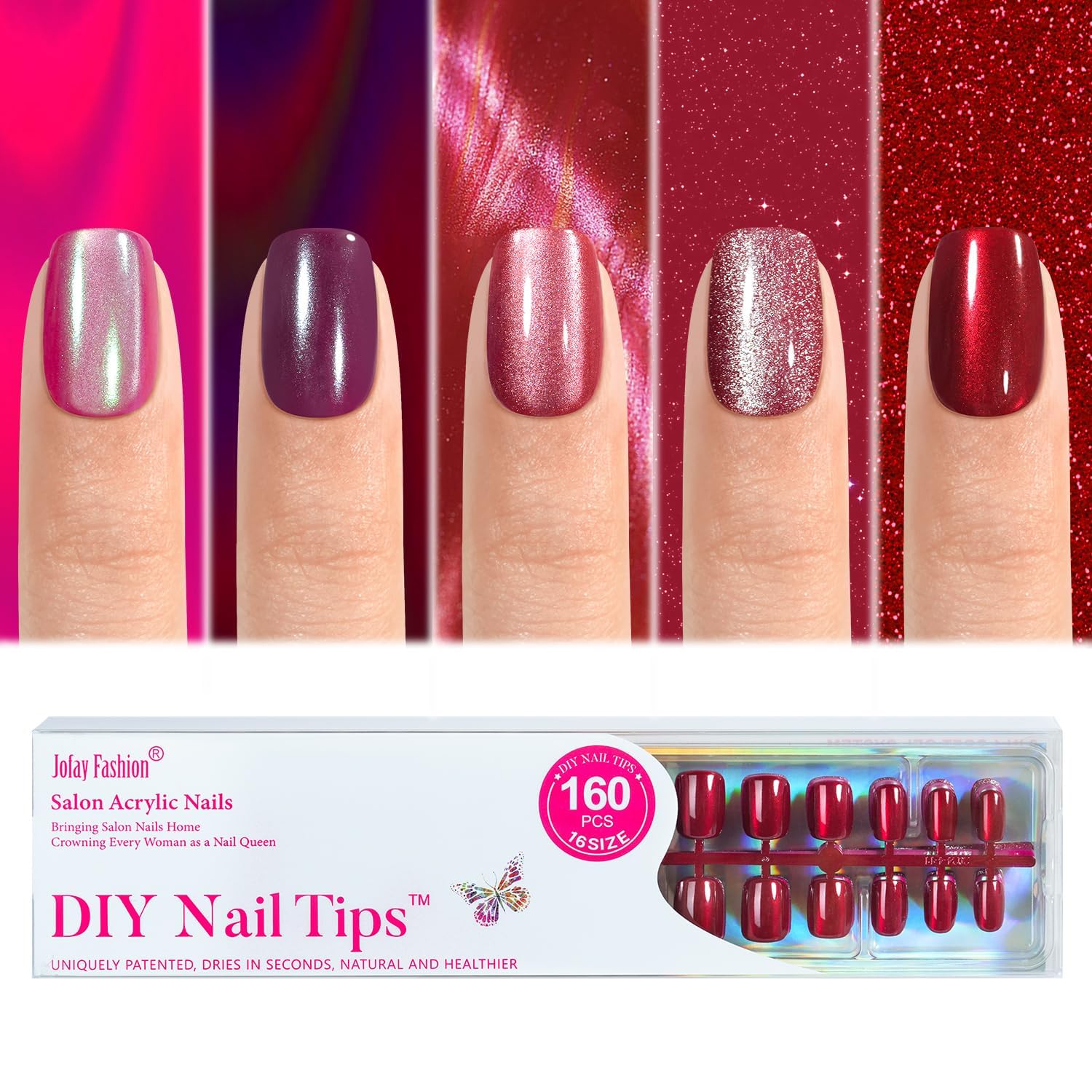 Cat Eye Press on Nails Red - 5 Styles Red Press on Nails Short Square, Soft Gel x Coat Nails False Nails, Bt Art Box Press On Nails in 16 Sizes -160 PCS Soft Gel Fake Nails Kit