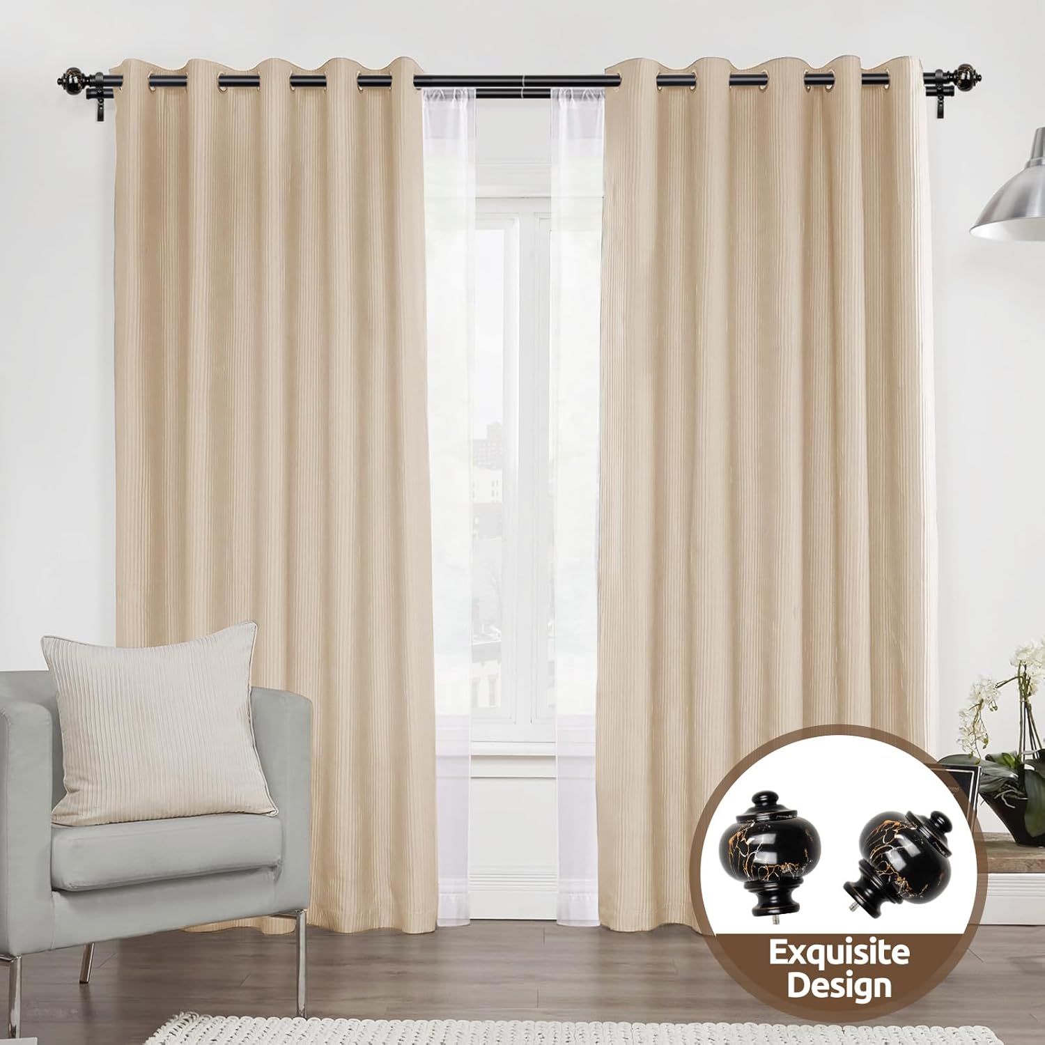 KAMANINA 1 Inch Double Curtain Rod 66 to 120 Inches (5.5-10ft), Black Telescoping Curtain Rods for Windows 54 to 115 inches, Heavy Duty Dual Drapery Rods with Marbled Finials Black 66-120"