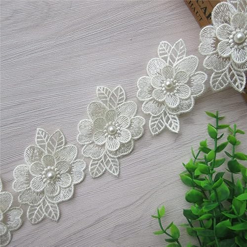 Miniatura 10 de 2 yardas de encaje de flores 3D bordadas con perlas de poliéster de cinta de encaje de tela de patchwork para vestido de novia hecho a mano DIY