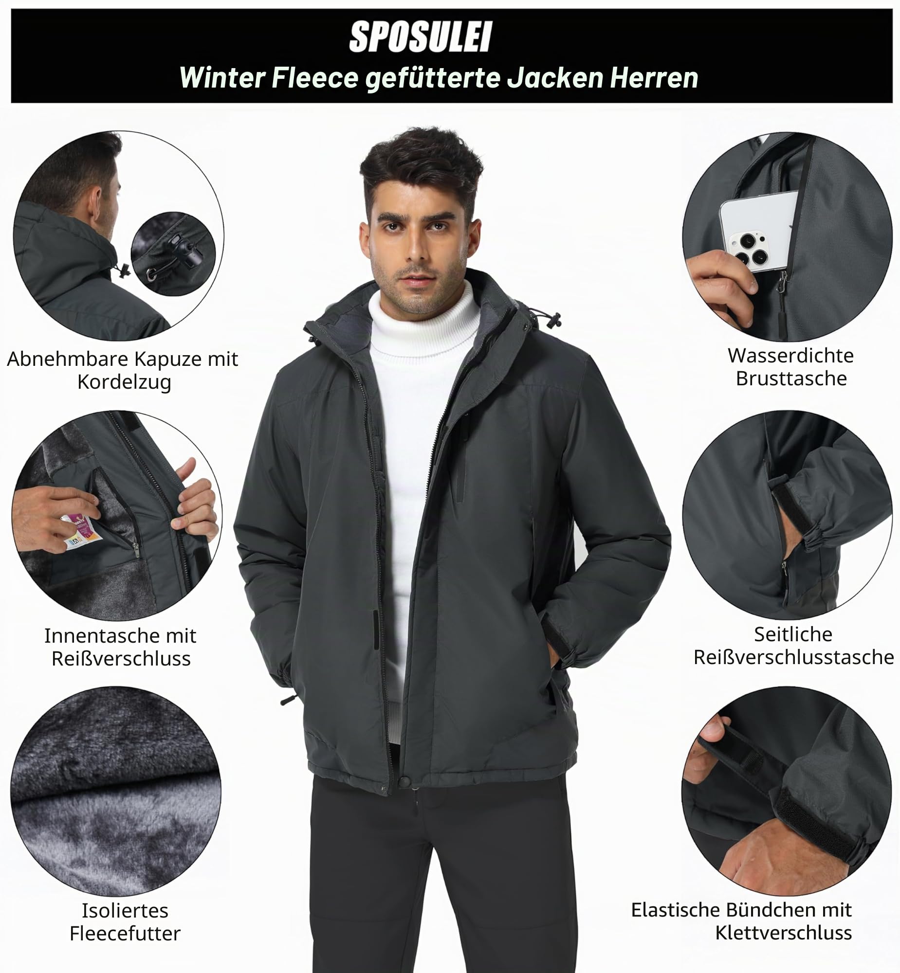SPOSULEI Herren Winter Fleecejacke Warme Gefüttert Skijacke Outdoor Winddicht Wasserdicht Jacke mit Abnehmbarer Kapuze