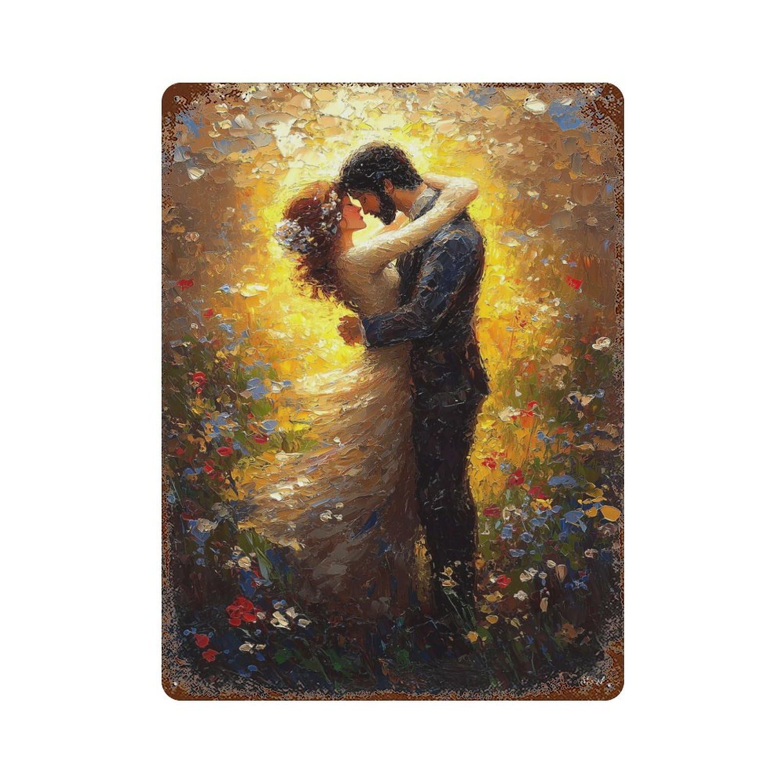 Impressionist Inspired The Kiss 15.7"x11.8" Weathered Tin Sign, Rustic Home Decor for Living Room, Hallway And Home Decor