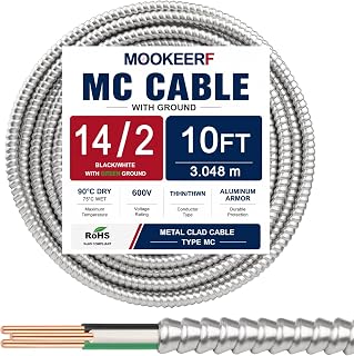 MOOKEERF 14/2 MC Cable with Ground - 10FT Pure Copper 14AWG/2 Metal Clad Wire with Aluminum Armor 14 Gauge 2 Conductor Type MC Alum Cable