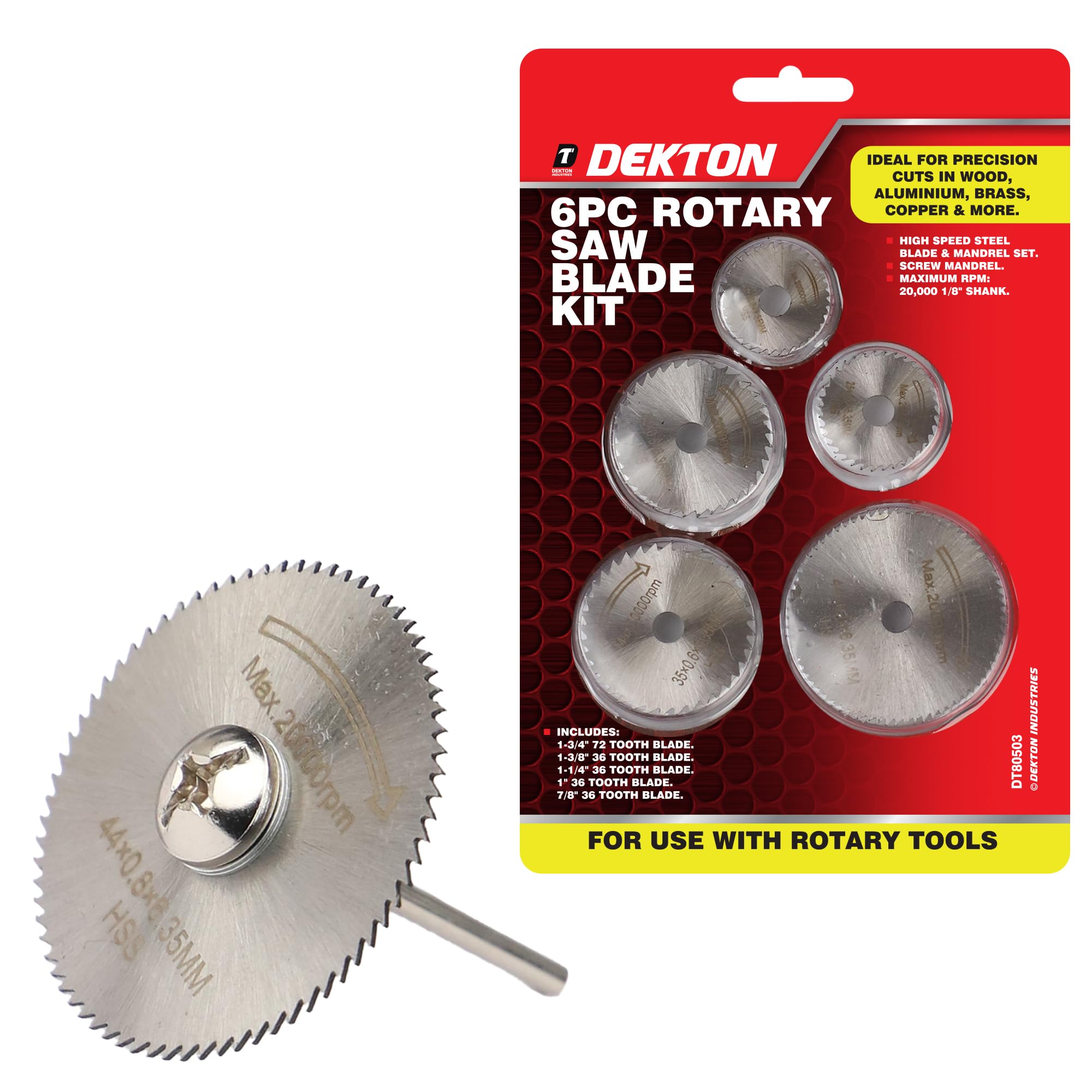 Dekton 6PC Rotary Saw Blade Kit – High-Speed Steel Blade & Mandrel Set | Includes 5 Blades for Rotary Tools | Maximum Speed 20,000 RPM | Compatible with Hand & Power Drills for Versatile Cutting