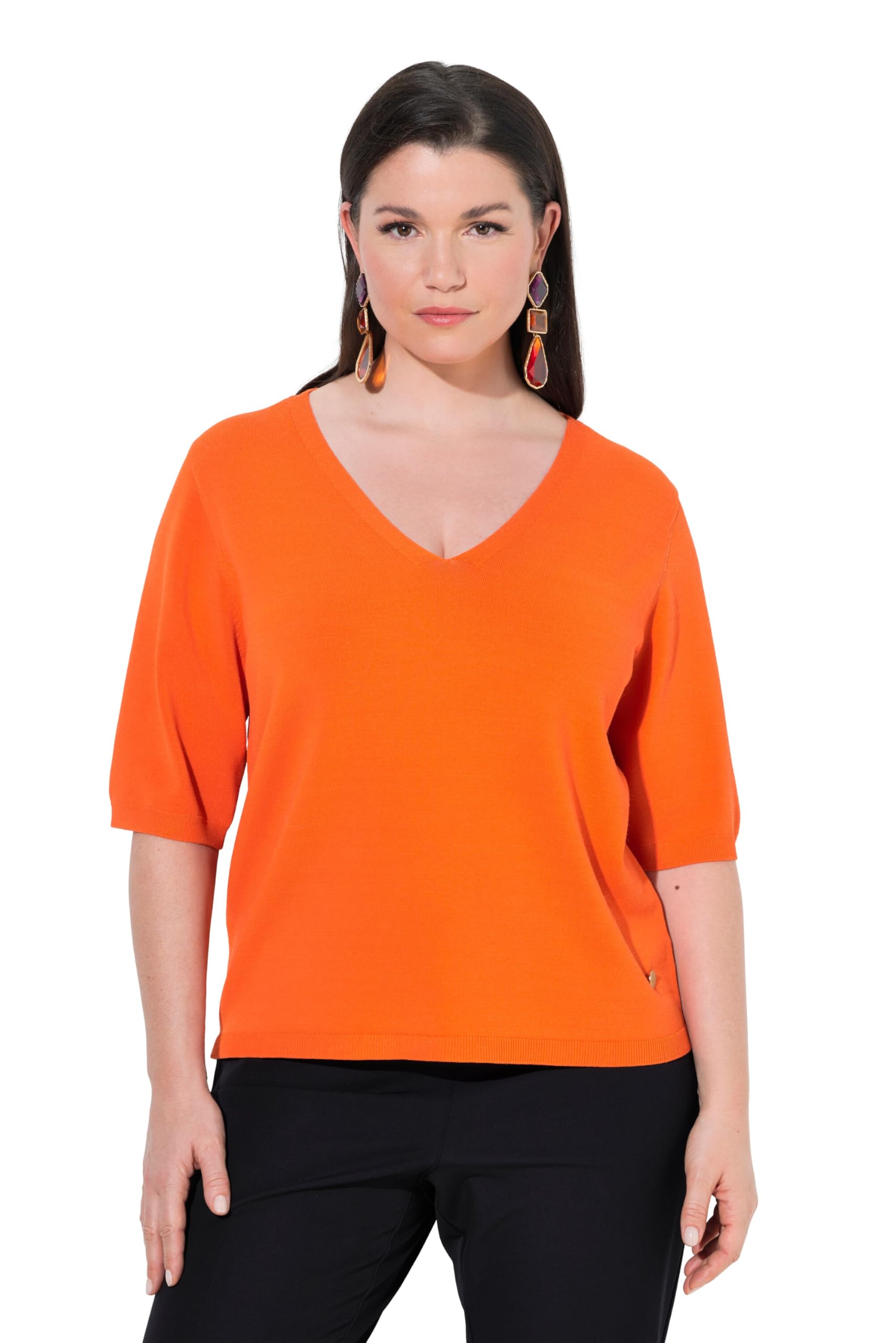 Ulla Popken Damen große Größen Übergrößen Plus Size Pullover, elastischer Saum, V-Ausschnitt, Halbarm 835260