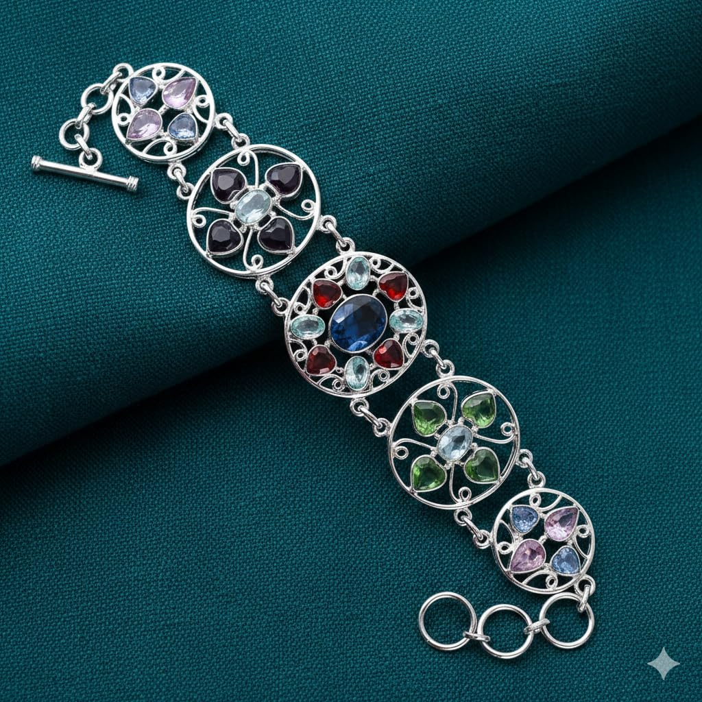Pulsera de plata de ley 925 con múltiples cuarzo, chapado en rodio blanco, multicolor, bisel facetado, juego de joyas de palanca