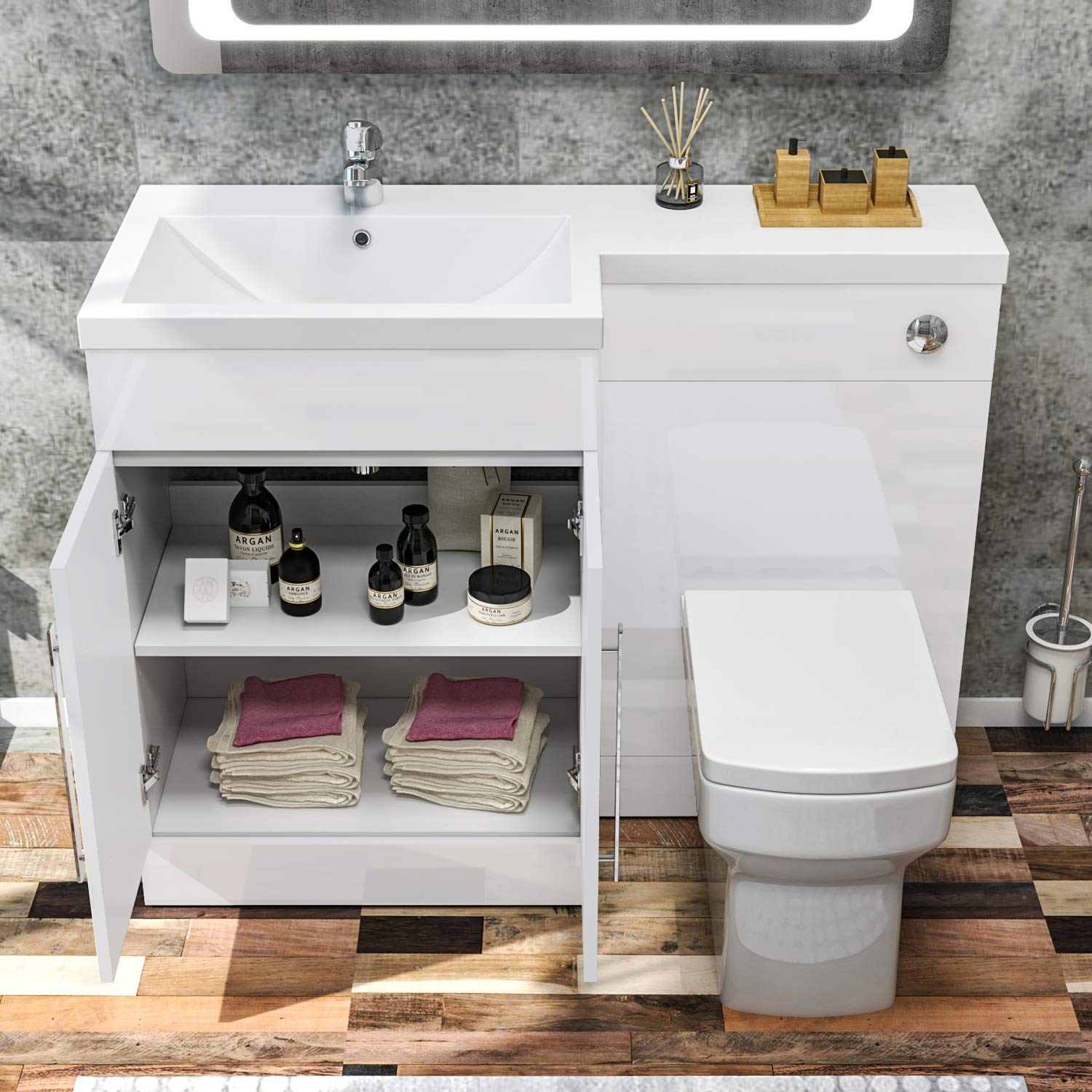 ELEGANT 1100mm L Shape Bathroom Vanity Sink Unit Furniture Storage,Left Hand High Gloss White Vanity unit + Basin + Ceramic Square Toilet with Concealed Cistern - Image 3