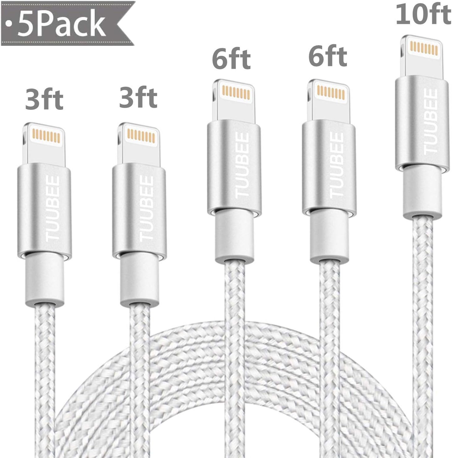 TUUBEE iPhone Charger Cable Cord Cable 5Pack 3FT/6FT/10FT Long Nylon Braided USB iPhone Data Cable Fast Charging Cord Compatible iPhone XS/MAX/XR/X/8/7/6/iPad/iPod