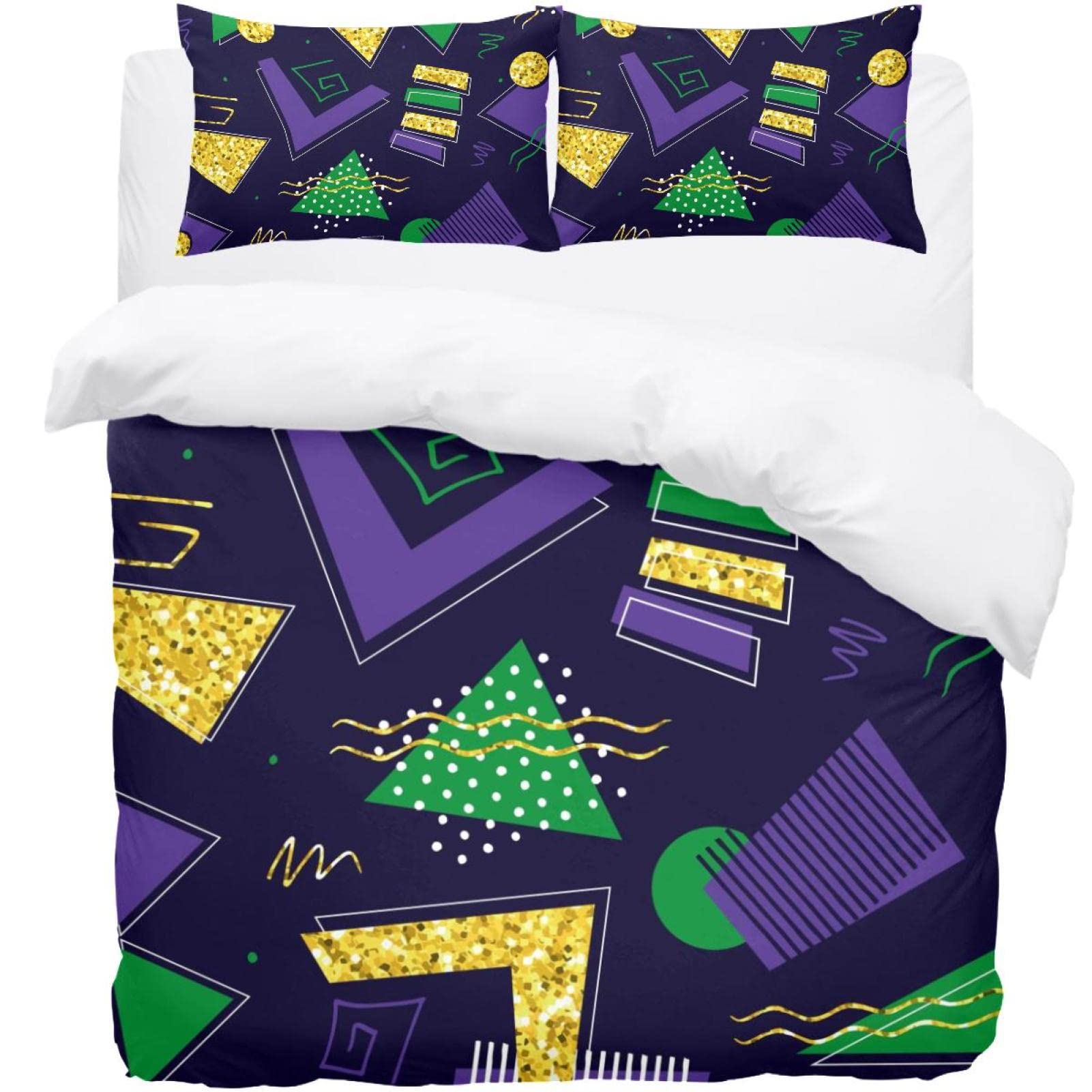 Housse de couette douce lit double motif géométrique vert violet or pour chambre cocooning
