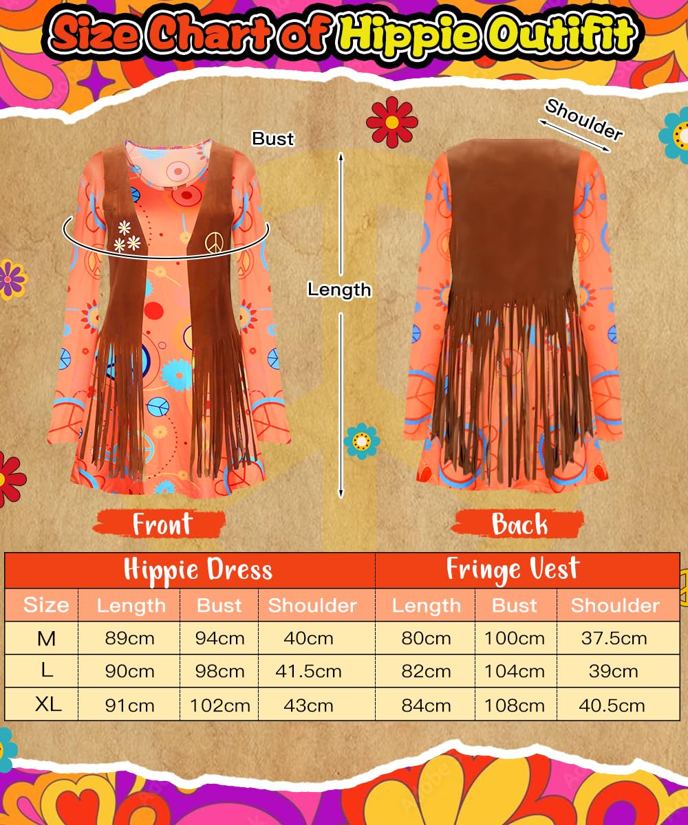 Disfraz Hippies Mujer, Conjunto de Disfraz Hippie Años 70 y Accesorios | Ropa Hippie y Chalecos con Flecos para Cosplay, Halloween, Carnaval y Fiestas de los Años 60 y 70