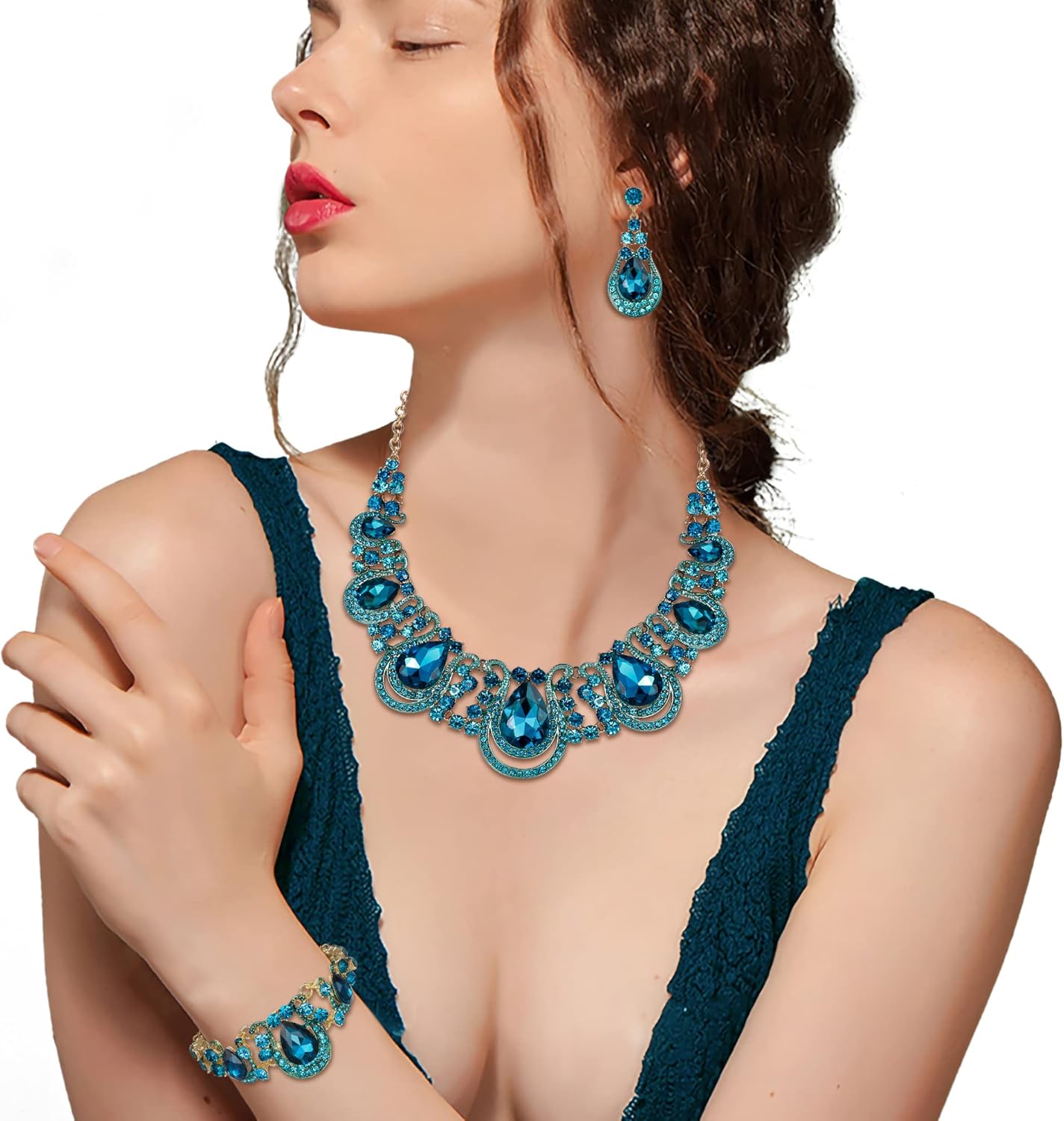 BriLove Women's Teardrop Crystal Statement Necklace Cluster Hollow Dangle Earrings Chain Bracelet Bib Jewellery Set for Wedding Bride Bridesmaid