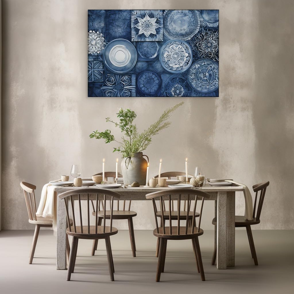 Canvas for Living room. Harmonious Fusion of Geometric Grace: Exploring the Abstract Artistry of Blue and White Patterns, 27 x 18 inch Canvas Wall Art - Contemporary Masterpieces - Modern Home Decor