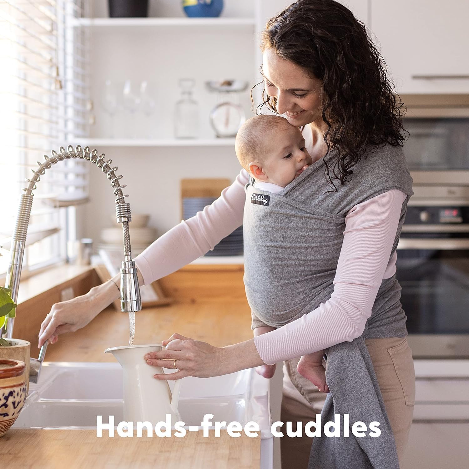 71FwN3RJ6qL._AC_SL1500_ CuddleBug Baby Wrap - Hands-Free Baby Wrap Carrier - Soft & Stretchy Wrap - Baby Carrier Newborn to Toddler 7-35 lbs - One-Size-Fits-All Baby Holder Wrap - Hip-Healthy Baby Wrap Sling (Grey)