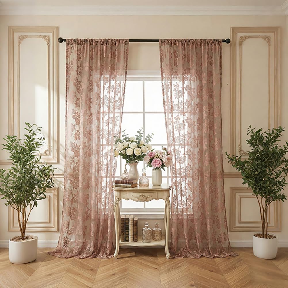 vctops Lace Curtains Set of 2, Farmhouse Floral Embroidery Privacy Sheer Window Curtain Light Filtering Rod Pocket Window Treatment Panels for Bedroom Living Room Home Decor (Coffee,39"x79")