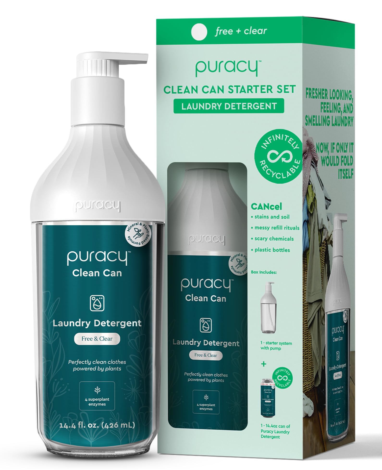 Puracy Liquid Laundry Detergent Clean Can Starter Set - Enzyme-Powered Liquid Laundry Detergent Concentrate, Natural Laundry Detergent Seen on TikTok, Non-Toxic (Free & Clear, 14.4 fl oz)