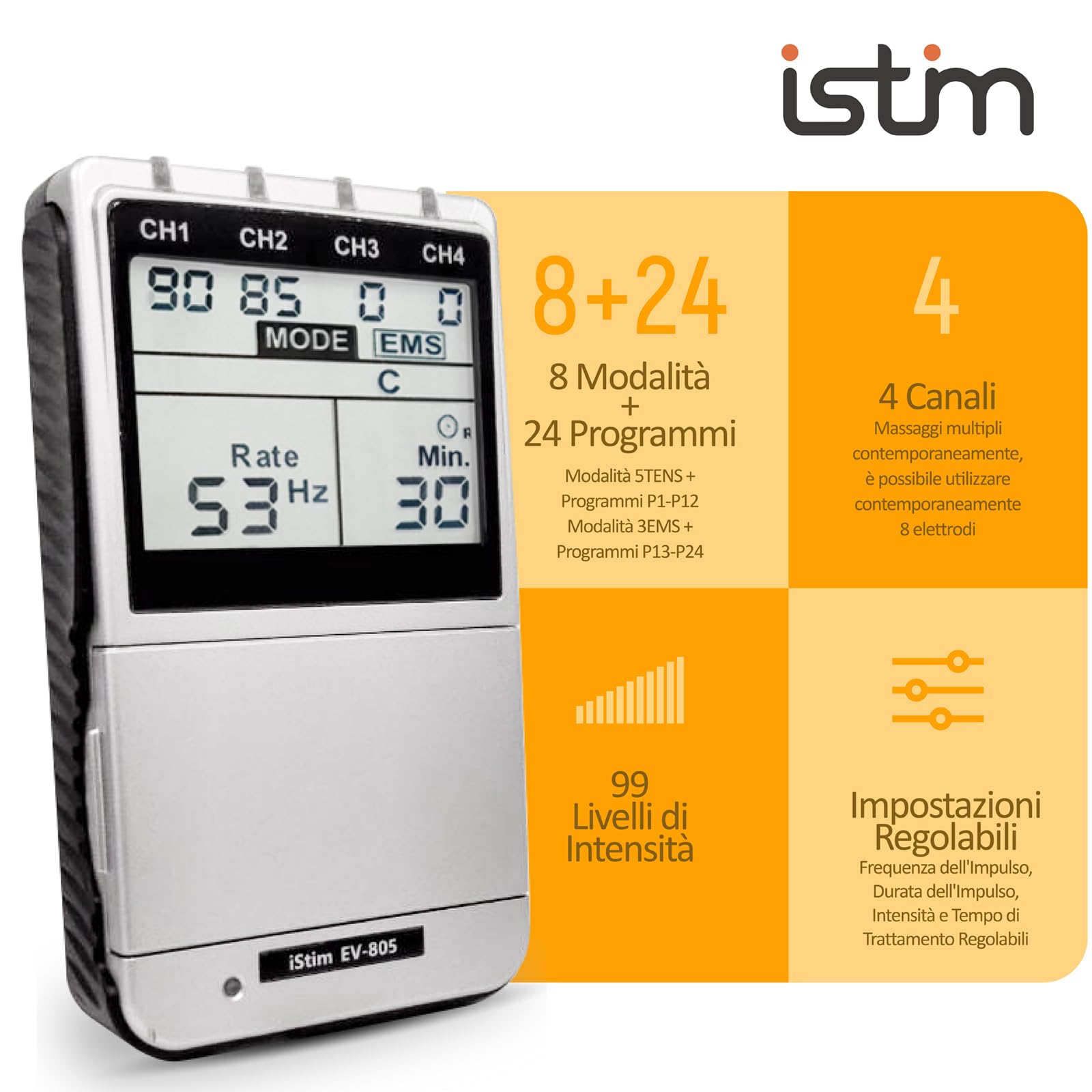 iStim EV-805 TENS EMS 4 Canali – Stimolatore Muscolare e Nervoso, Sollievo Dolore Cronico e Acuto, Terapia per Schiena, Cervicale, Articolazioni, Sciatica e Corpo – Include 16 Elettrodi Riutilizzabili