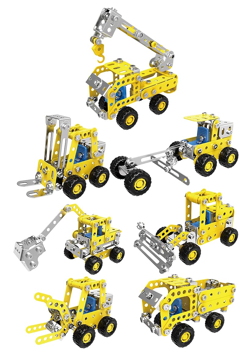 Rubik DIY STEM Toys Kit, Include Crane Dump Truck Backhoe Farm Vehicle Claw Truck Forlift Bulldozer Toys for Boys 8+, 7in1 Creative Metal Construction Building Educational DIY Toys Set