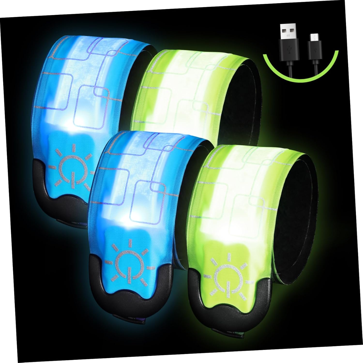 BESPORTBLE 4pcs Led Slap Armbands Rechargeable Reflective Wristbands Lighting Modes for Night Running Walking Cycling Includes and Armbands